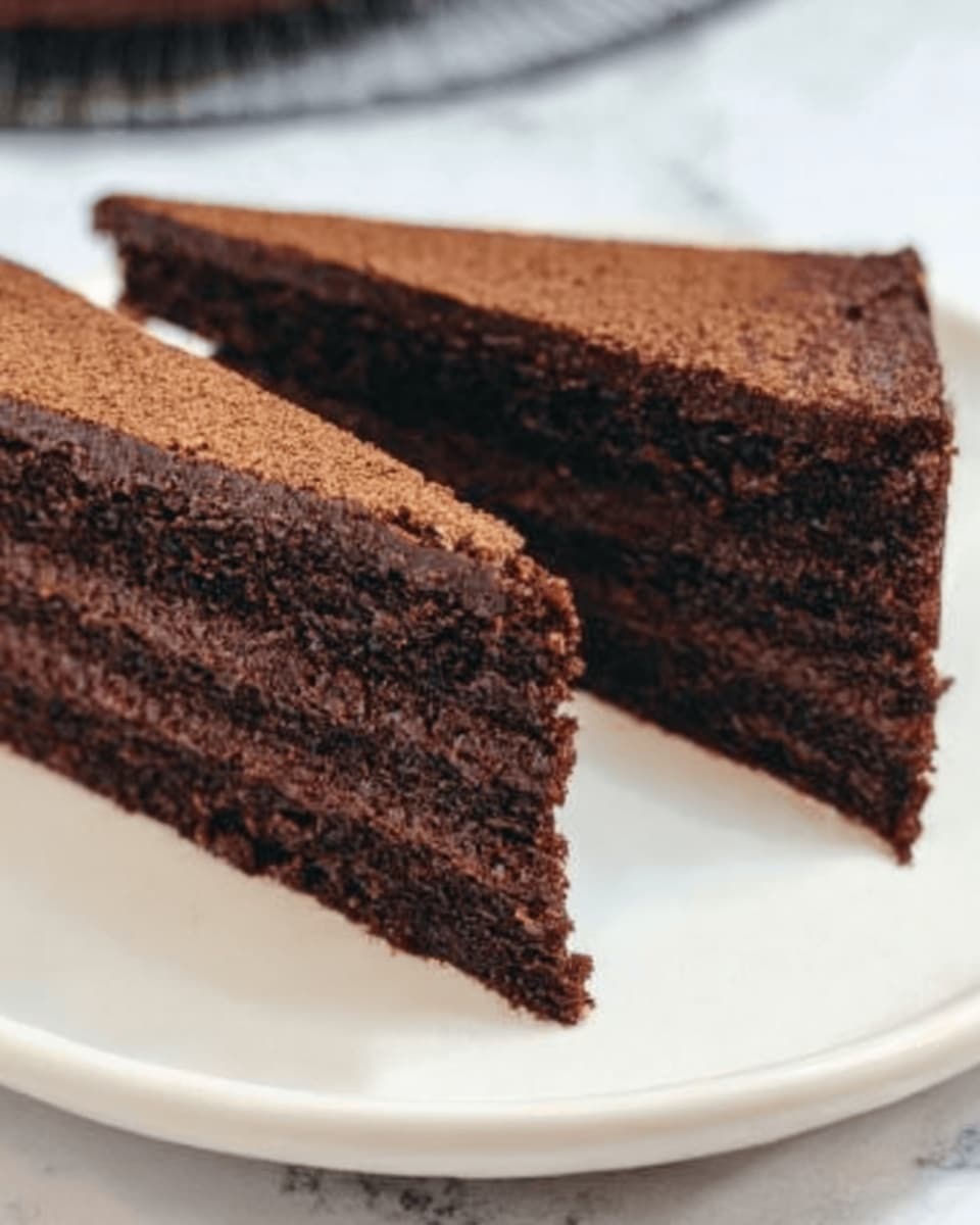 The image shows two triangular slices of chocolate cake on a white plate. Each slice has multiple dark brown layers with a soft, slightly crumbly texture. The top of the cake looks smooth and firm, with a lighter brown color compared to the inside layers. The slices are placed close together on the plate, which sits on a white marbled surface. photo taken with an iphone --ar 4:5 --v 7