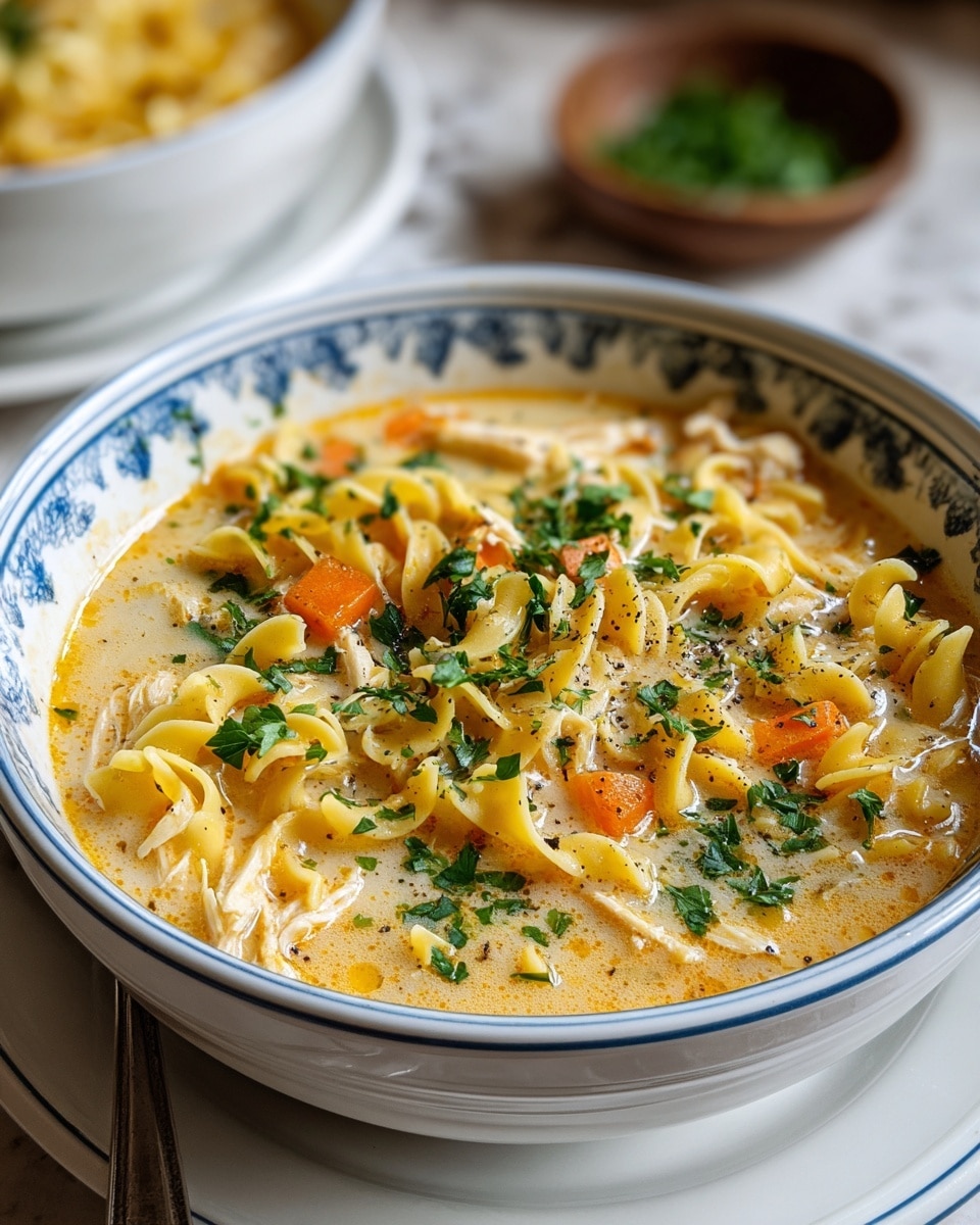 A close-up of a bowl filled with creamy chicken noodle soup sits on a white plate over a white marbled texture. The soup has multiple layers: at the base is a rich, light orange broth with a smooth texture; within the broth are soft yellow noodle pieces twisting through the soup, mixed with small cubes of orange carrots and shredded white chicken. On top, bright green chopped parsley is sprinkled evenly, adding freshness, along with a dash of black pepper for contrast. The bowl is white with blue details around the rim. In the background, a small bowl of green herbs is slightly out of focus. photo taken with an iphone --ar 4:5 --v 7
