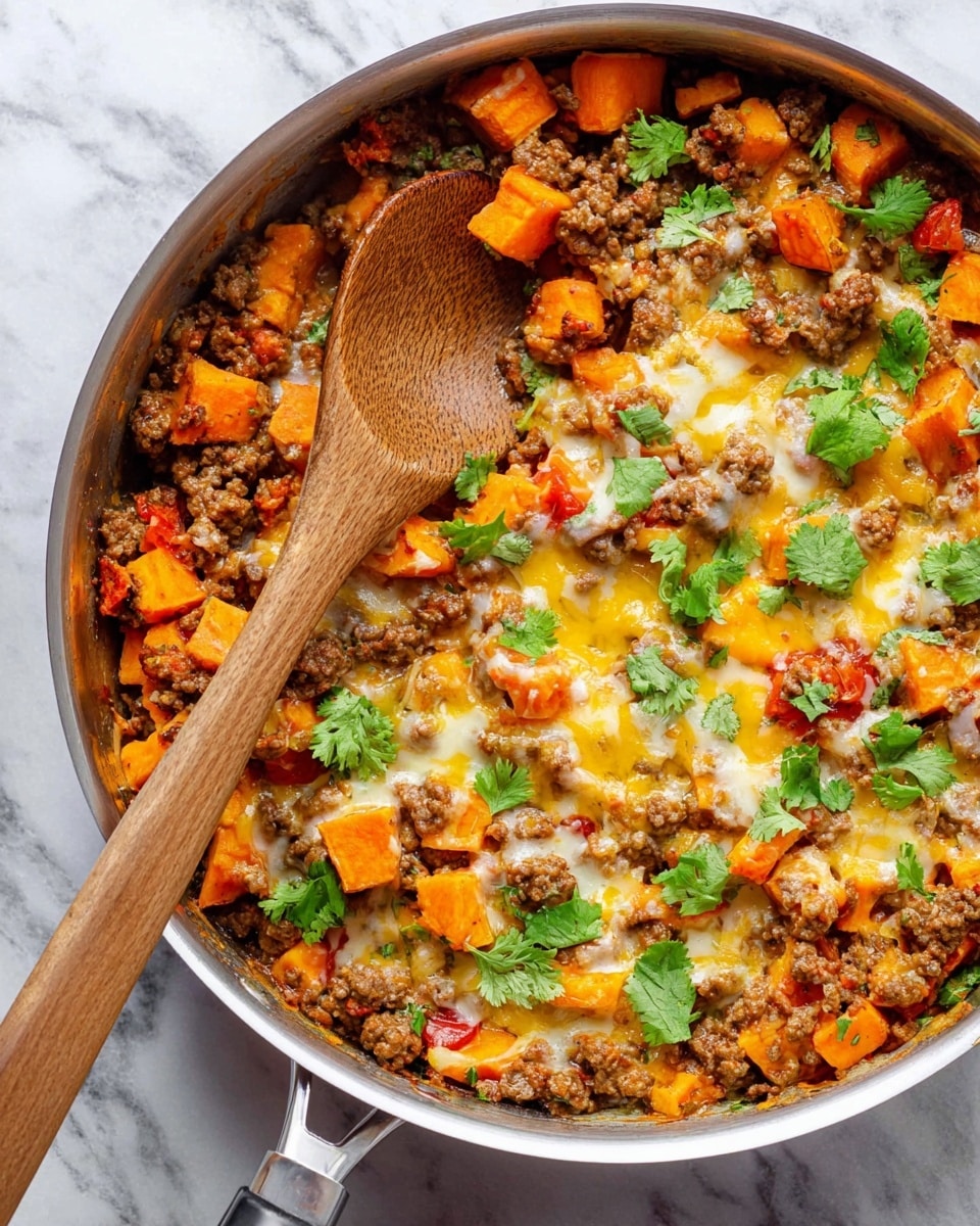 The image shows a large silver pan filled with a mix of cooked ground meat, diced orange sweet potatoes, melted yellow and white cheese swirled throughout, and small pieces of cooked tomatoes. The top is sprinkled with fresh green cilantro leaves for garnish. A wooden spoon with a smooth texture is partly submerged in the dish, resting near the upper left side of the pan. The pan is placed on a white marbled surface with subtle veins of gray. photo taken with an iphone --ar 4:5 --v 7