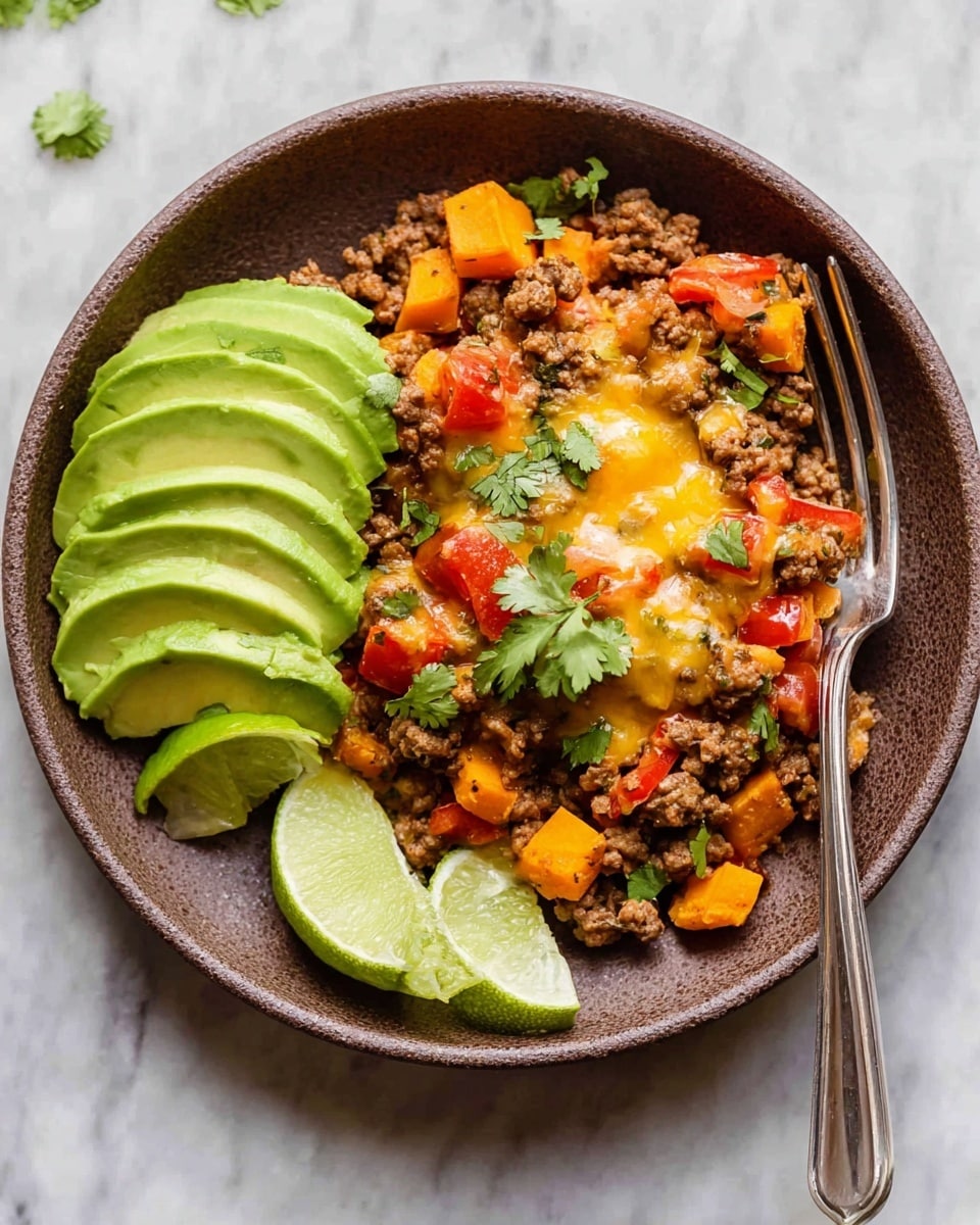 A brown bowl holds a hearty dish made of browned ground meat mixed with diced orange sweet potatoes, red tomatoes, and melted yellow cheese on top. Fresh green cilantro leaves are scattered across the dish. On the left side of the bowl, there are several slices of bright green avocado curved neatly. At the bottom of the bowl, two lime wedges with light green flesh are placed. A silver fork rests on the right edge of the bowl. The bowl sits on a white marbled surface. photo taken with an iphone --ar 4:5 --v 7