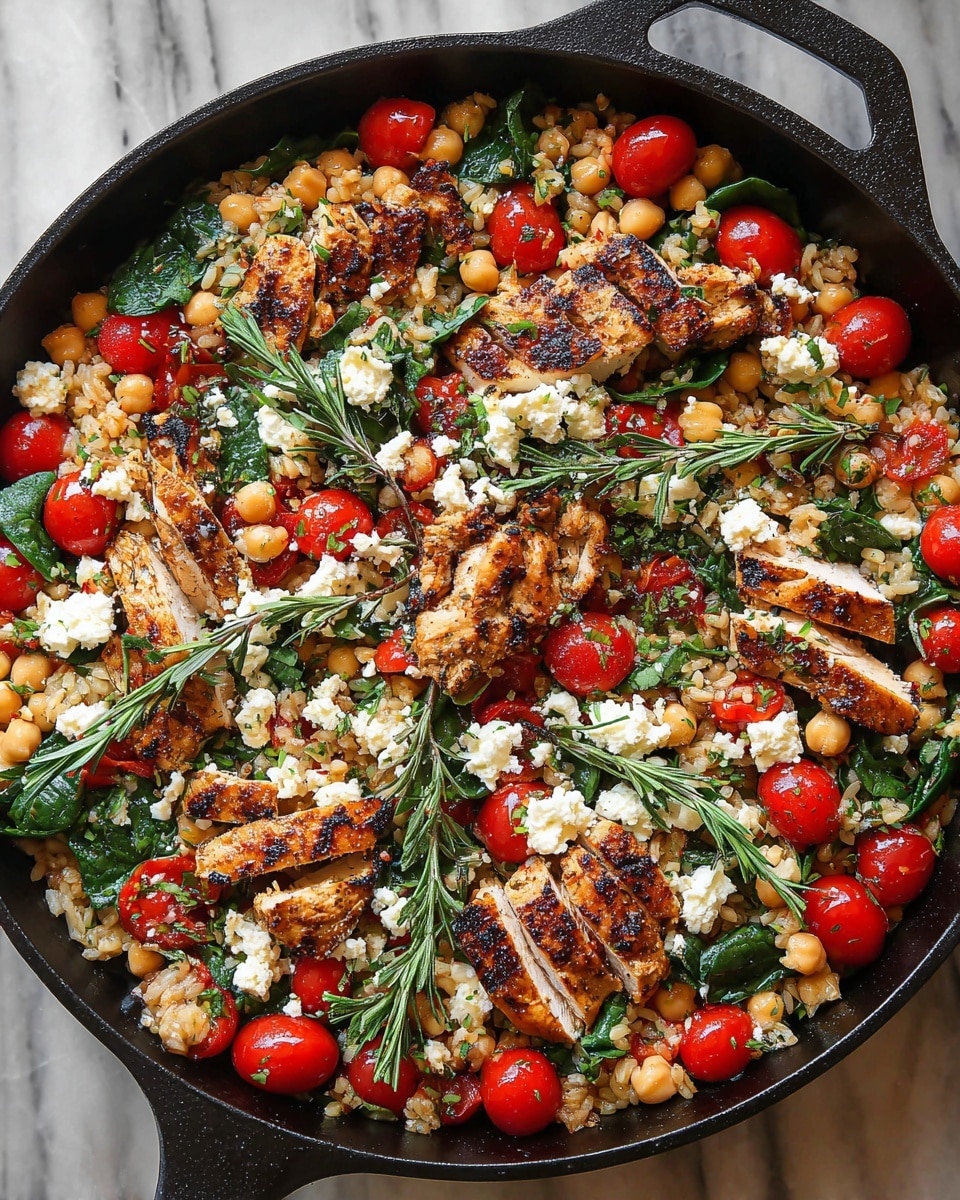 A skillet contains a colorful mix of cooked rice at the base, creamy white chickpeas, and bright red cherry tomatoes cut in halves spread evenly throughout. There are pieces of grilled chicken with a golden-brown crust scattered over the top, along with fresh dark green spinach leaves. Small crumbles of white feta cheese are sprinkled across the dish, adding a soft texture. Fresh green herb sprigs are placed on top, enhancing the fresh look. The skillet is on a white marbled surface, and the food inside looks vibrant and fresh. photo taken with an iphone --ar 4:5 --v 7