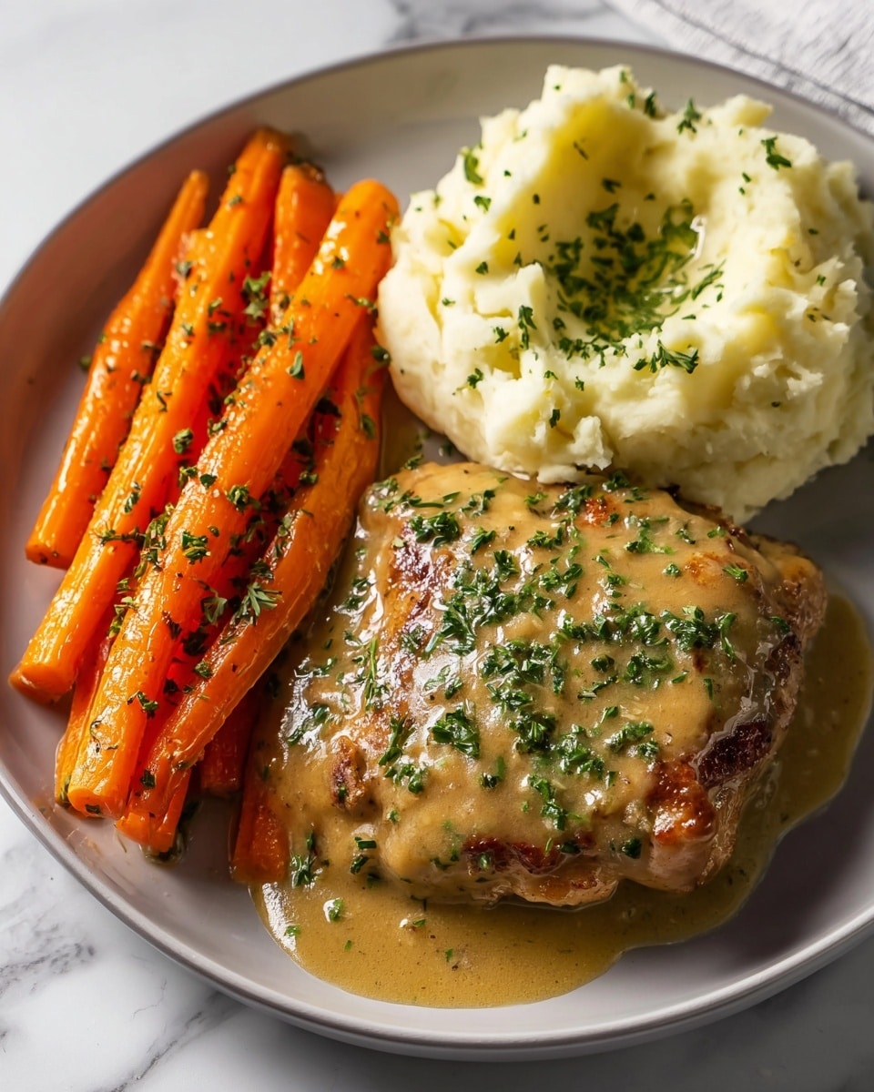 A dish showing three parts on a white plate set on a white marbled surface: on the left, a row of long, bright orange glazed carrots sprinkled lightly with green herbs, in the middle, a thick piece of browned chicken covered in smooth, creamy light brown gravy with flecks of green herbs, and on the right, a scoop of fluffy mashed potatoes with a small well in the center, also sprinkled with finely chopped green herbs. photo taken with an iphone --ar 4:5 --v 7