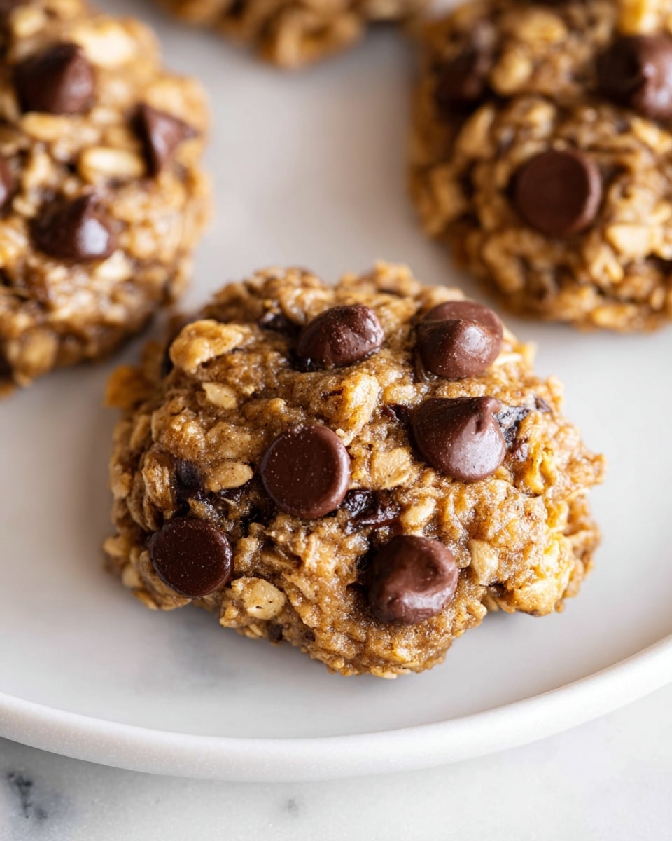 A close-up view of a single round cookie placed on a white plate, the cookie is thick and chunky with a rough texture from oats spread throughout its light brown dough. Scattered generously across the cookie are dark brown chocolate chips embedded in the surface, some slightly melted and glossy, contrasting with the matte oat clusters. The cookie shows hints of a softer, moist interior with slightly visible lighter yellowish areas, likely from banana or similar. The plate rests on a white marbled texture background. photo taken with an iphone --ar 4:5 --v 7