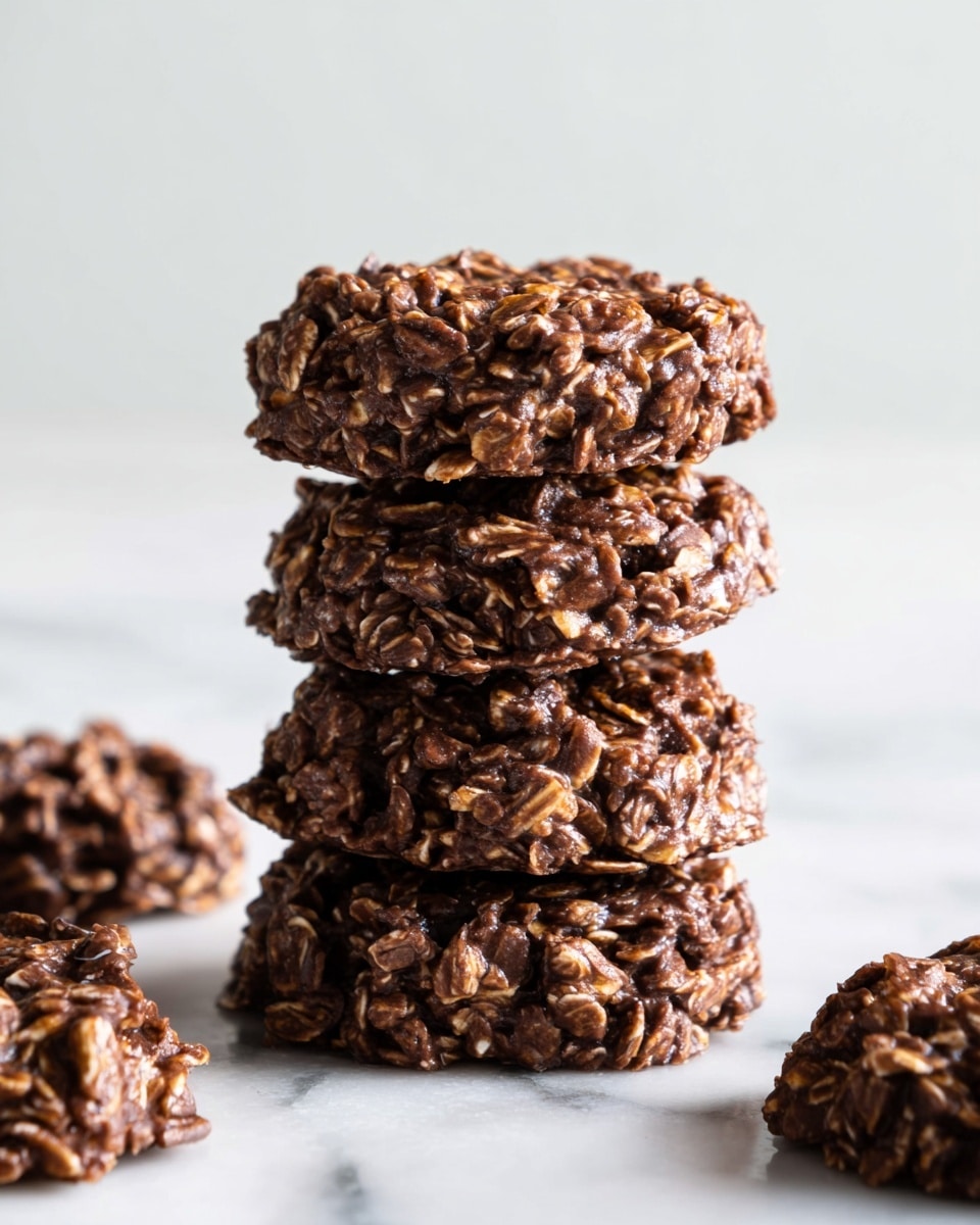 A stack of four thick, round no-bake cookies made with oats and chocolate sits centered on a white marbled surface. Each cookie has a rough texture from the oats, showing a mix of dark brown chocolate and lighter oat colors, with uneven edges giving a homemade look. Around the stack, a few more cookies are placed casually, also showing the same textured surface. The background is plain and light, making the dark, chunky cookies stand out clearly. photo taken with an iphone --ar 4:5 --v 7