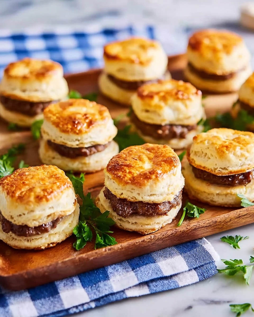 Several small biscuit sandwiches are arranged on a wooden tray, each sandwich having two layers of golden-brown, flaky biscuit with a dark brown sausage patty in the middle. The biscuit tops show a slightly crispy and shiny texture, while the sausage filling looks juicy and slightly crumbly. Some fresh green parsley sprigs are scattered around the sandwiches on the tray. The tray is placed on a white marbled surface with a blue and white checkered cloth partially visible on the edges. photo taken with an iphone --ar 4:5 --v 7