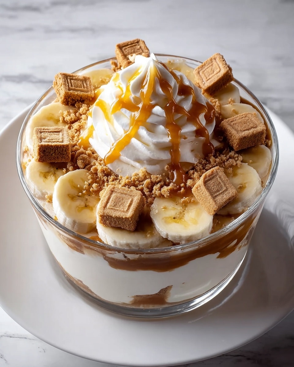 A clear glass bowl filled with a layered dessert sits on a white plate over a white marbled surface. The bottom layer is thick and creamy white, topped with a ring of fresh banana slices around the edge. Scattered on top are several square, light brown cookies with a crumbly texture, and small cookie crumbs are sprinkled all over. In the center is a swirl of white whipped cream drizzled with golden caramel sauce, which is also drizzled over the bananas and cookies, adding a glossy finish to the dessert. photo taken with an iphone --ar 4:5 --v 7