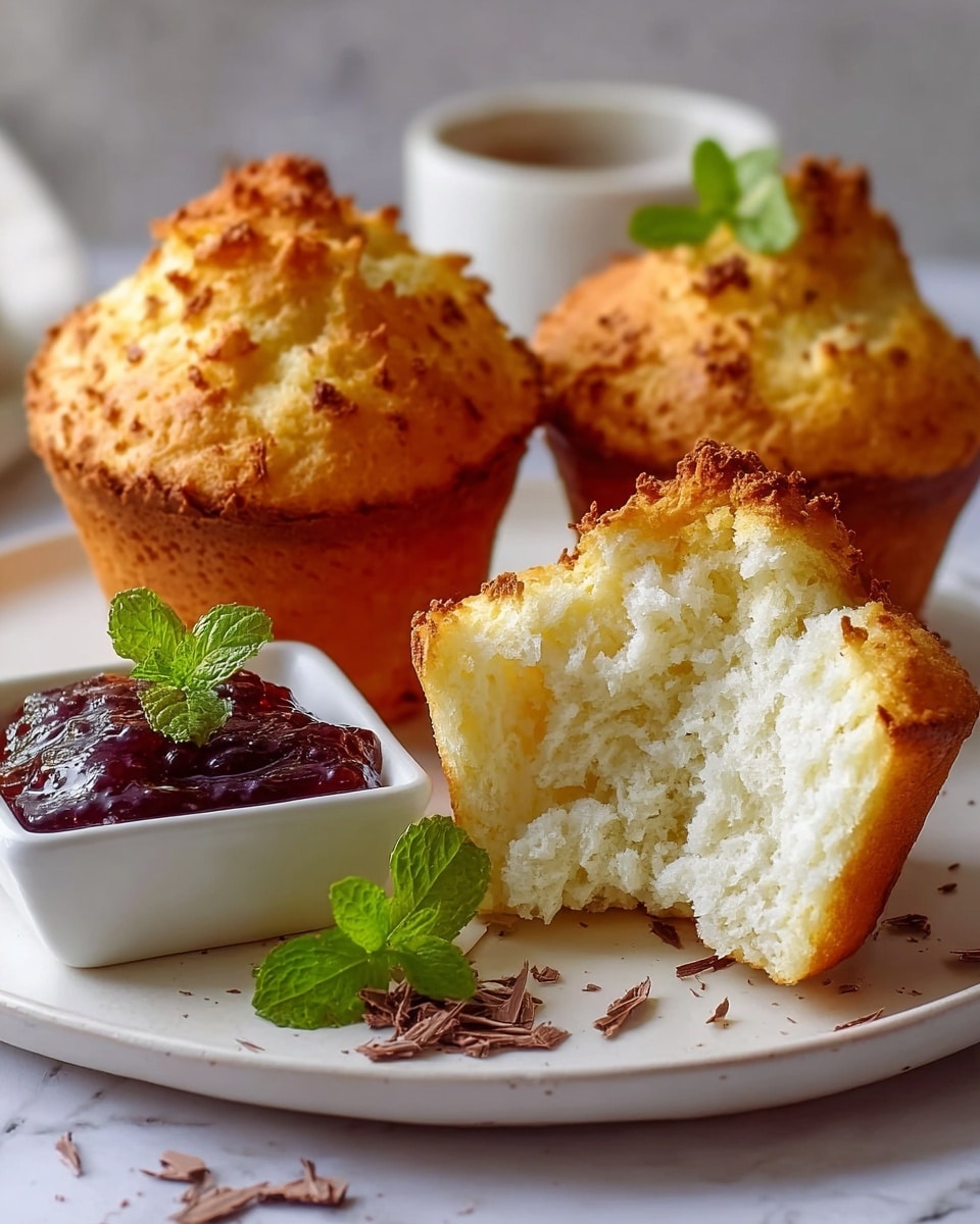The image shows three golden brown tall muffins with a rough, crispy top texture on a white plate placed on a white marbled surface. One muffin is broken open in the front, revealing a soft, fluffy, and airy white inside with a slightly crumbly texture. Next to the broken muffin is a small white square dish filled with dark red berry jam, topped with fresh green mint leaves. There are small chocolate shavings scattered on the plate near the jam dish. The background is softly blurred, highlighting the muffins and jam. Photo taken with an iphone --ar 4:5 --v 7