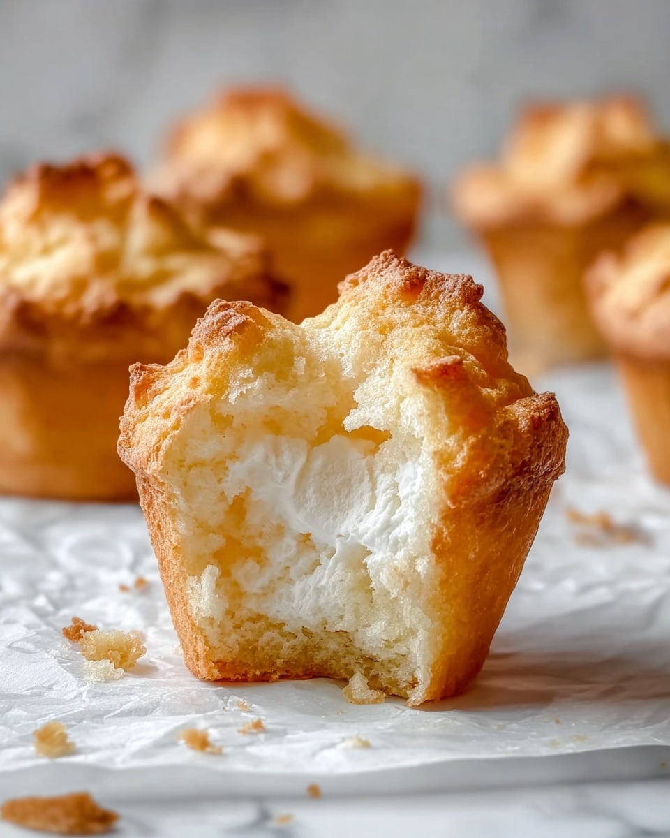The image shows a close-up of a golden brown muffin with a soft, fluffy white inside where a bite has been taken out. The muffin's outer crust is slightly crispy with uneven edges, giving it a homemade look. In the background, there are more muffins with a similar golden color and textured tops, placed on a white marbled surface covered with white parchment paper. Small crumbs are scattered around the bitten muffin, adding a sense of freshness and crumbly texture. photo taken with an iphone --ar 4:5 --v 7