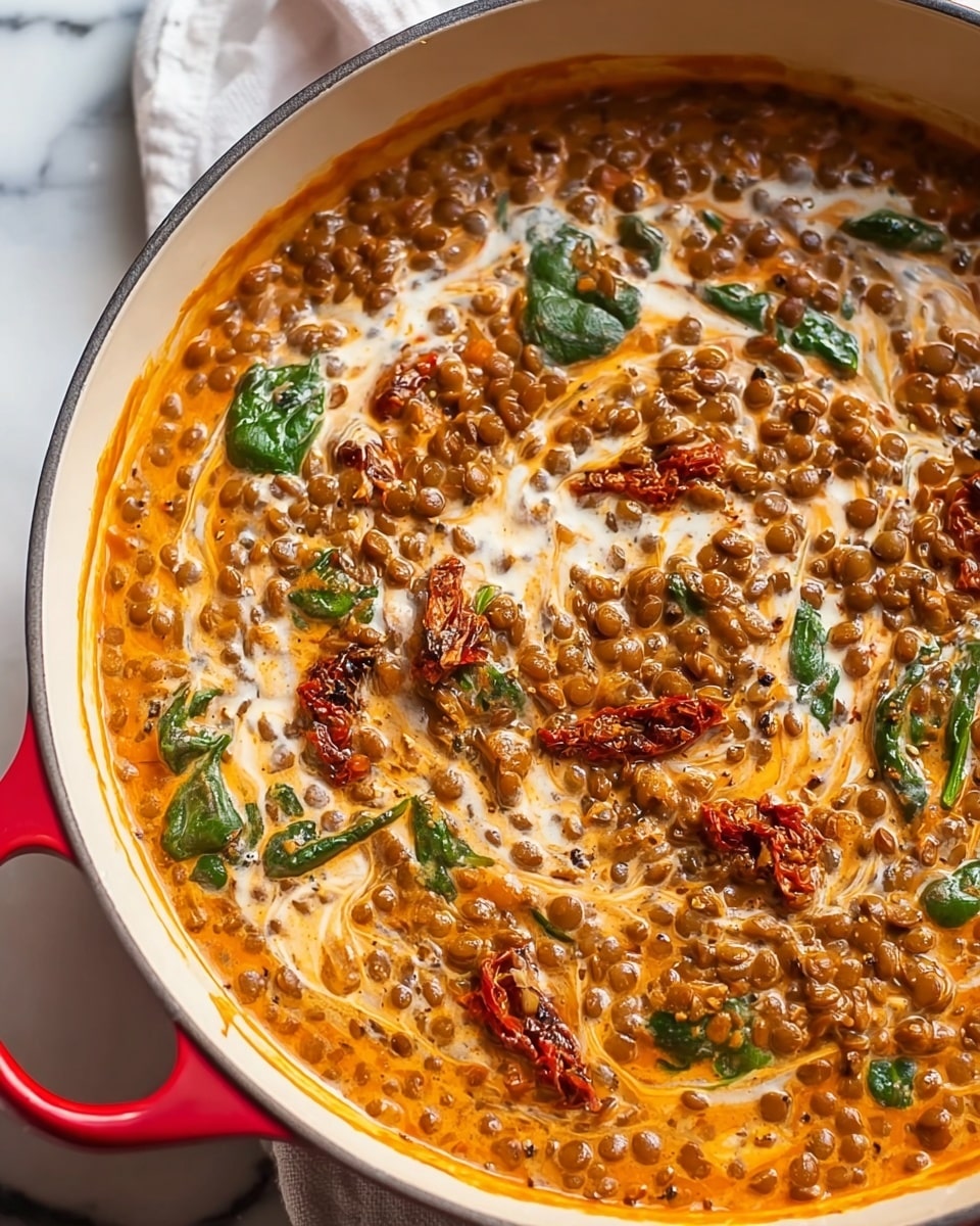 A close-up of a creamy lentil curry in a white pot with a red handle, filled with layers of small brown lentils mixed in a rich orange sauce with visible swirls of cream on top. Scattered throughout the curry are pieces of red sun-dried tomatoes and fresh green spinach leaves, creating spots of color contrast. The pot rests on a white marbled surface with a white cloth partly visible underneath. photo taken with an iphone --ar 4:5 --v 7