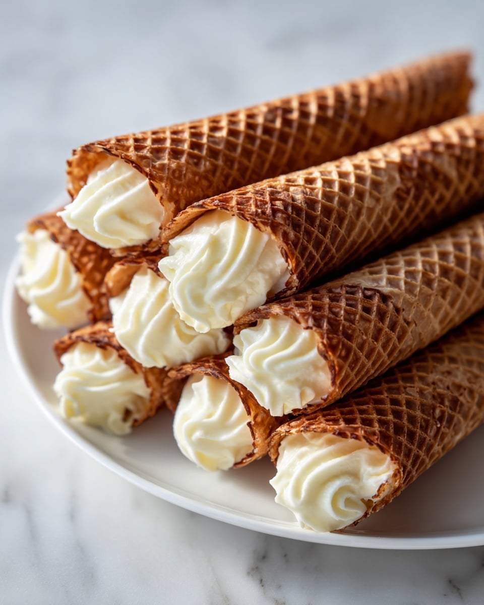 A long white rectangular plate holds 14 crispy golden-brown rolled wafers filled with white cream. The wafers have a shiny, slightly textured surface with a pattern of light and dark brown shades. Each wafer is filled to the open end with smooth, thick white cream that slightly peaks out. They are arranged closely in two neat rows, the front row with seven rolls parallel to the back row, all aligned at the open end. The plate sits on a white marbled surface, adding a clean and bright look to the image. photo taken with an iphone --ar 4:5 --v 7