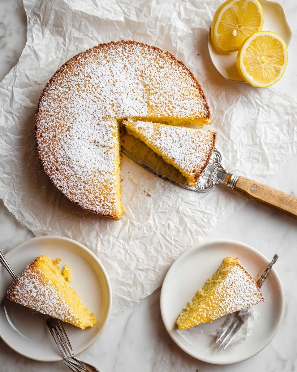 A round lemon cake with one slice cut out sits on crumpled parchment paper over a white marbled surface. The cake has a golden-brown crust and is dusted with a thick layer of white powdered sugar, giving it a snowy look. Two white plates each hold a triangular slice of the cake, showing a soft, yellow inside with a slightly crumbly texture. One woman’s hand holds a silver fork resting on one plate, while a silver cake server with a wooden handle supports the slice still in the cake. To the side, a white plate with lemon halves adds a bright yellow contrast. Photo taken with an iphone --ar 4:5 --v 7