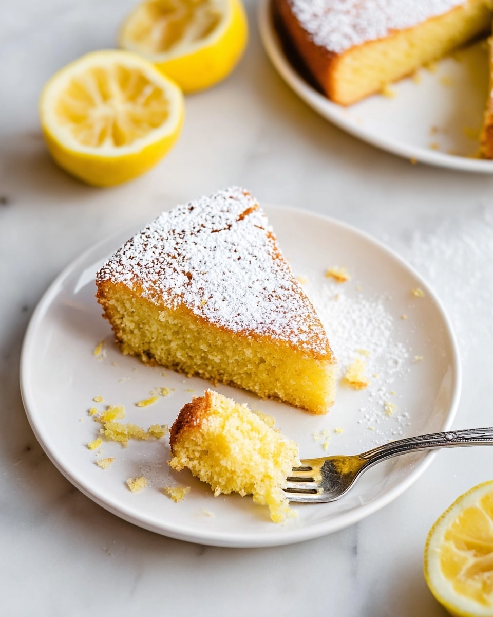 A white plate holds a single slice of lemon cake dusted with fine white powdered sugar on top, showing a golden crust and moist, light yellow crumb inside. A small piece of the cake is cut and resting near the larger slice with a silver fork partially under it, its shiny handle extending off the plate. Around the plate, two halved lemons with bright yellow rinds and juicy interiors are placed on a white marbled surface. Part of the remaining cake is visible in the top right corner with the same powdered sugar topping and golden crust. Photo taken with an iphone --ar 4:5 --v 7