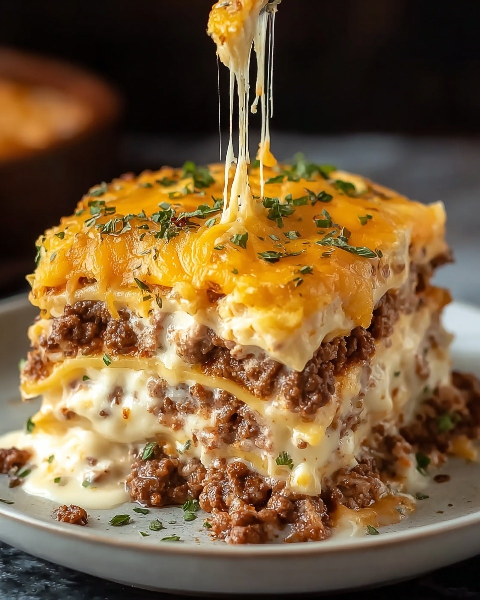 A thick square slice of lasagna with four layers is shown on a round white plate. The bottom layer is a mix of melted light-colored cheese and crumbled browned beef, with creamy white sauce peeking through. Above it, a second layer of browned ground beef sits, covered with thick melted mozzarella cheese that stretches up in long strands. The third layer repeats the creamy white sauce and browned beef mix, topped by the fourth layer of golden cheddar cheese melted thickly with small bits of browned meat and green herbs sprinkled on top. The lasagna looks very gooey, cheesy, and richly textured, set against a dark blurred background on a white marbled surface. Photo taken with an iphone --ar 4:5 --v 7