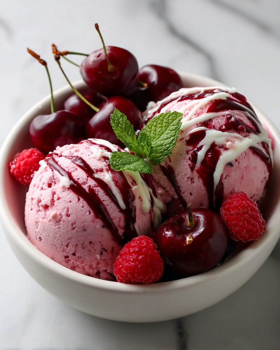 A close-up view of a white bowl filled with two round scoops of pink ice cream swirled with dark red berry sauce and drizzled with white chocolate lines, surrounded by fresh deep red cherries and bright red raspberries, topped with a bright green mint leaf in the center, all set on a white marbled surface. photo taken with an iphone --ar 4:5 --v 7