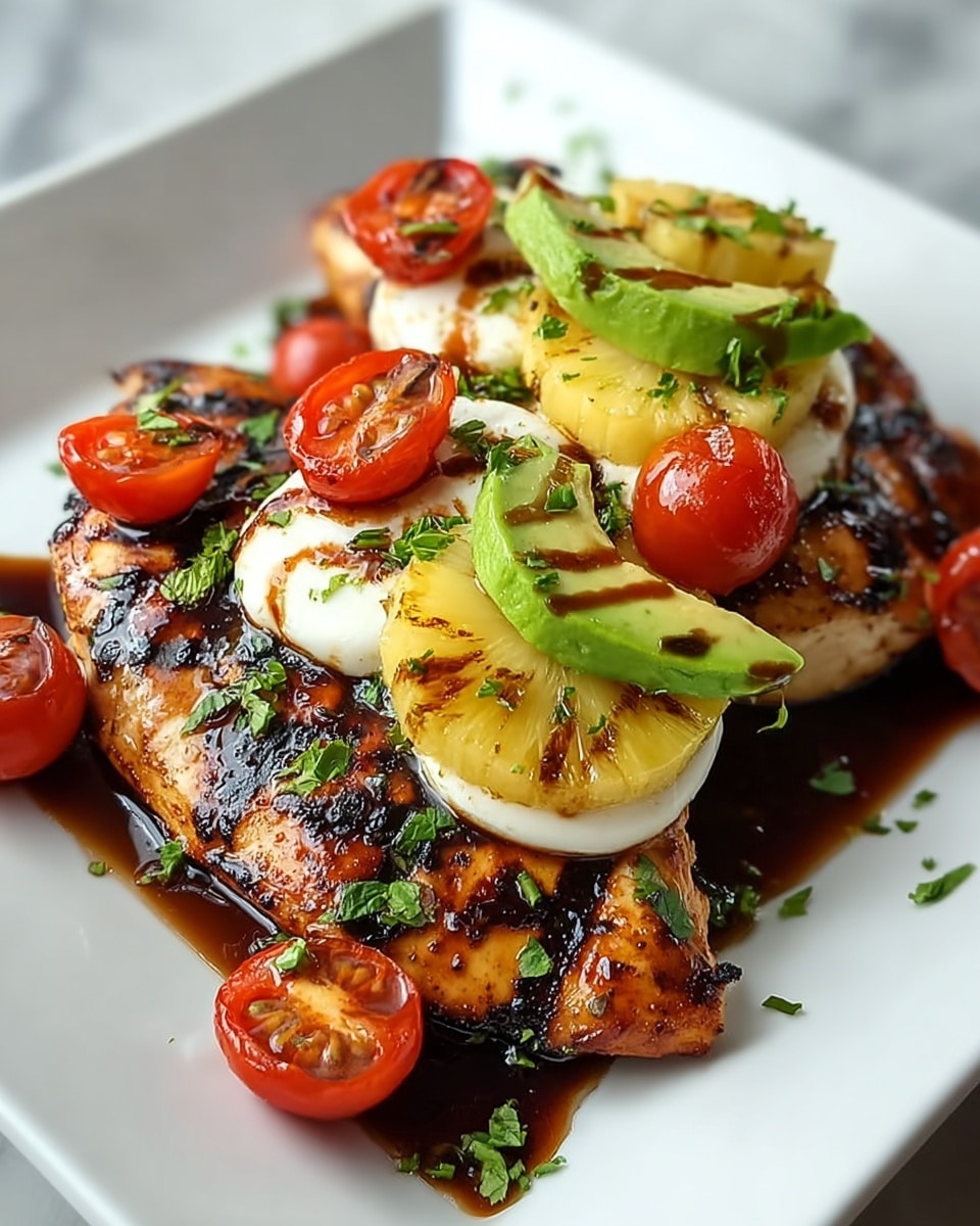A white square plate holds two thick grilled chicken breasts with dark char marks and a caramelized brown glaze pooling slightly beneath them. On top, there are two slices of light yellow grilled pineapple with grill lines, layered with creamy white mozzarella cheese and pale green avocado slices arranged in a fan shape. Scattered around and on top are bright red grilled cherry tomato halves with black grill marks. Fresh chopped green herbs are sprinkled over the dish. The plate sits on a white marbled surface. photo taken with an iphone --ar 4:5 --v 7