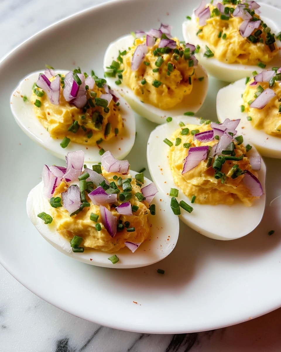 A white plate holds six deviled eggs, each cut in half with smooth white egg whites forming the base layer. The second layer is a creamy, slightly rough-textured yellow yolk mixture placed generously in the center of each egg half. On top, there are small pieces of thinly sliced red onion, adding a light purple color with a slight shine, and finely chopped dark green chives scattered evenly over all the eggs. The plate is set on a white marbled surface. photo taken with an iphone --ar 4:5 --v 7