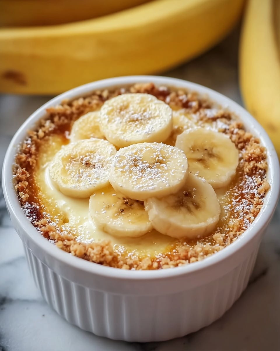 A close-up of a white ramekin filled with a dessert showing three main layers: a crunchy light golden brown crumb layer forming the outer edges, a smooth cream-colored custard layer beneath it, and topped with seven evenly spaced, thick slices of glossy pale yellow banana. The banana slices have a slightly translucent texture with visible dark seeds in the center, and the whole surface is sprinkled lightly with white powdered sugar. The ramekin sits on a white marbled texture background with out-of-focus bananas in the back. photo taken with an iphone --ar 4:5 --v 7