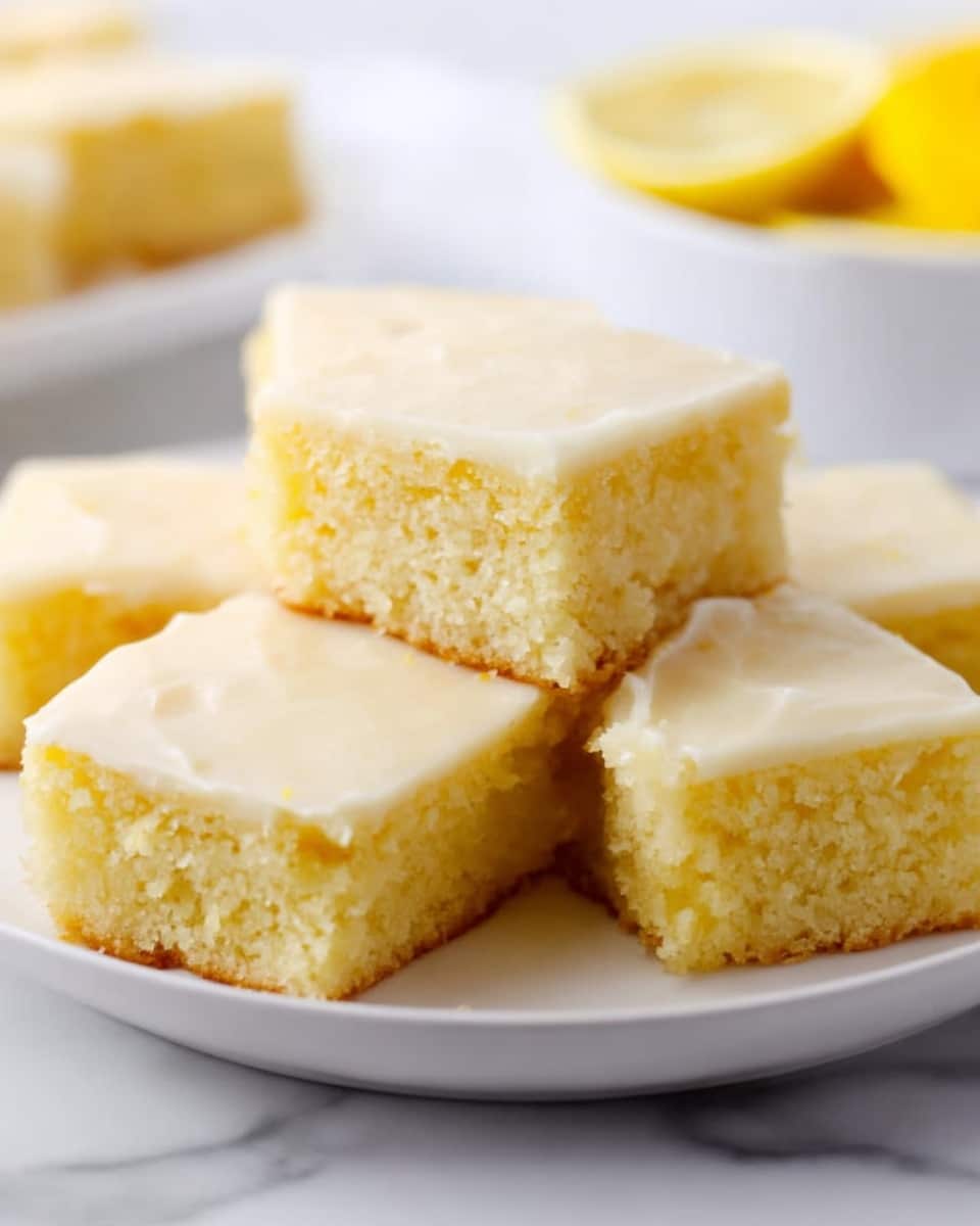 A white plate holds several square pieces of yellow cake with a smooth pale yellow icing layer on top. The cake looks soft and moist with a light crumb texture visible on the sides. The pieces are stacked slightly unevenly, creating a small pile in the middle of the plate. The plate is set on a white marbled surface, and in the blurred background, there is a white bowl with yellow fruit inside. Photo taken with an iphone --ar 4:5 --v 7