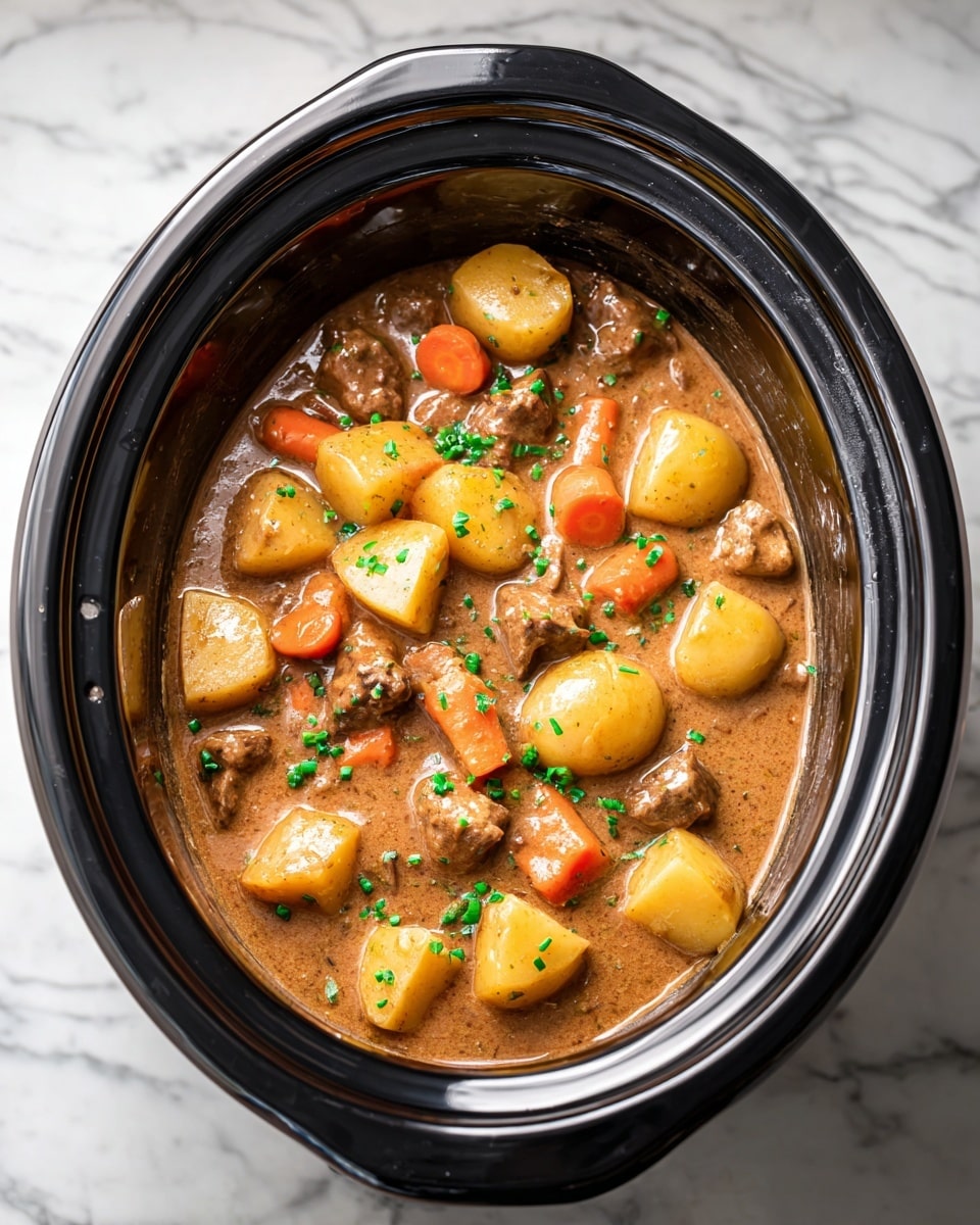 A close-up view of a slow cooker filled with a thick stew featuring three main layers: the bottom layer is a smooth, creamy brown sauce with a glossy surface; the middle layer has chunks of golden-yellow potatoes and small bright orange baby carrots evenly spread; the top layer includes scattered dark brown pieces of meat and small green herbs sprinkled across, adding color contrast. The slow cooker has a shiny black rim and metal body, placed on a white marbled surface. photo taken with an iphone --ar 4:5 --v 7