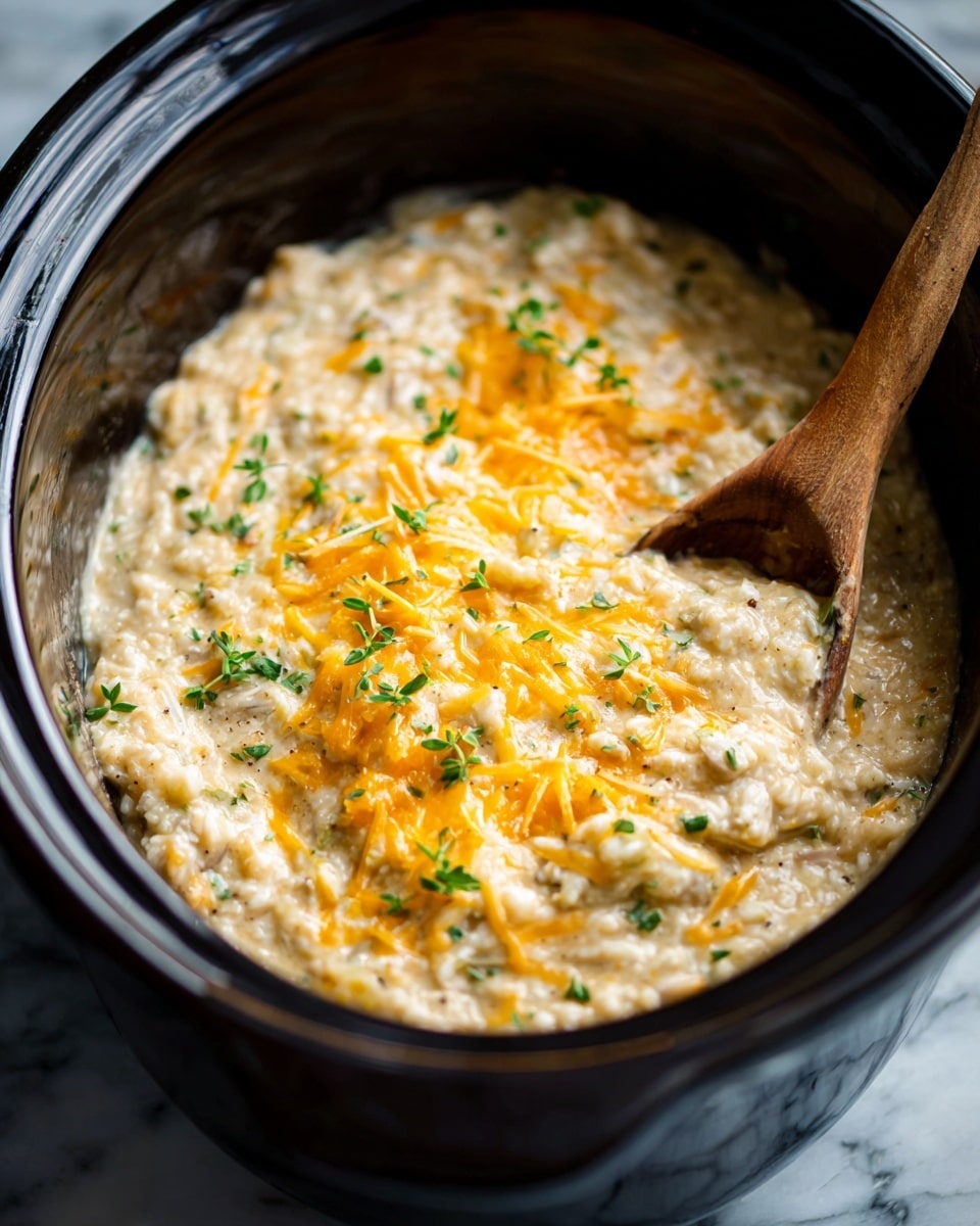 A close-up image shows a creamy, thick dish inside a black crockpot with a wooden spoon resting in it; the dish has a soft, grainy texture with a mixed light beige base, punctuated by melted orange cheddar cheese strands and small green herb specks scattered on top. The mixture appears to be rich and hearty with bits of diced lighter ingredients blended throughout. The spoon is placed slightly angled in the upper center of the crockpot, partially submerged in the dish, and the background is a white marbled texture. photo taken with an iphone --ar 4:5 --v 7