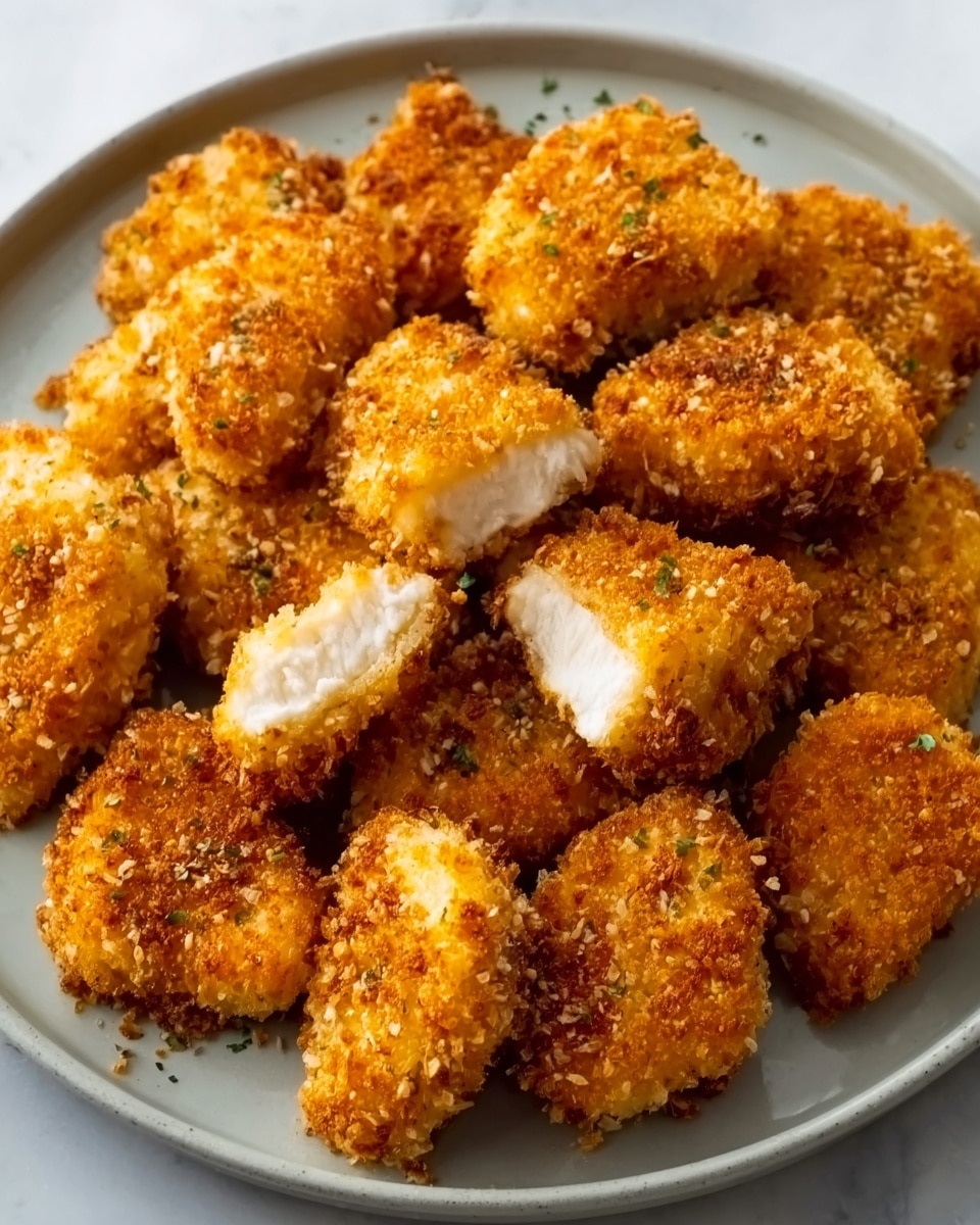 A white plate filled with several pieces of golden brown, crispy breaded chicken nuggets arranged closely together. The nuggets have a crunchy texture with some pieces cut open to show their white, juicy inside. The plate sits on a smooth white marbled surface. photo taken with an iphone --ar 4:5 --v 7