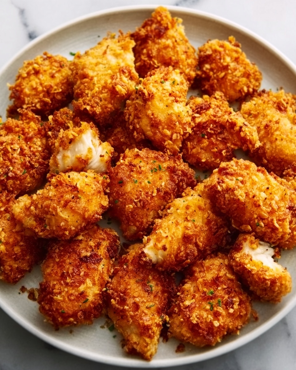 The image shows a round white plate filled with many golden-brown fried chicken pieces. Each piece has a crunchy, textured outer layer with some areas showing the white meat inside. The fried coating looks crispy and uneven, covering most of each piece. The plate sits on a white marbled surface, making the warm color of the chicken stand out. photo taken with an iphone --ar 4:5 --v 7