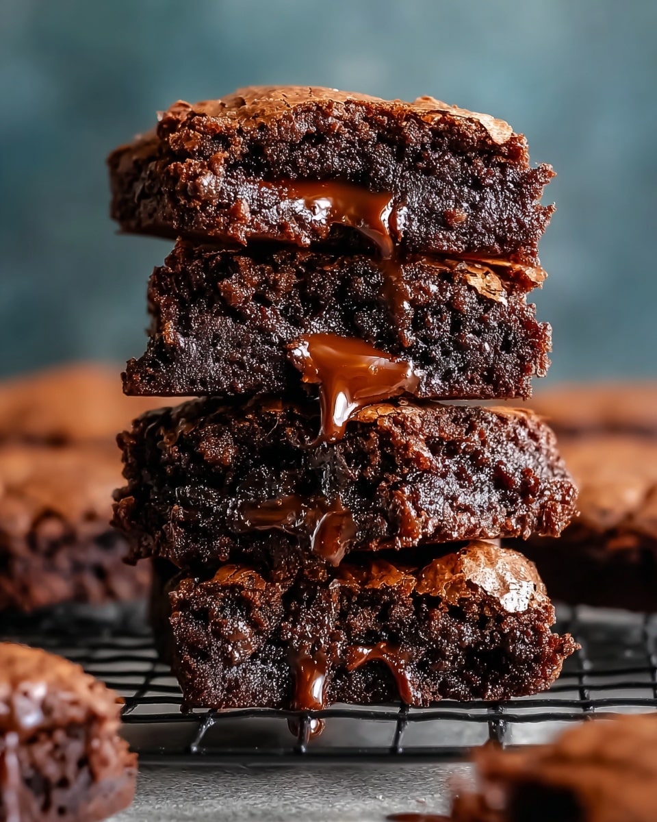 A stack of four dark chocolate brownies with a cracked, slightly shiny top layer. Each brownie shows a rich, moist, and dense texture with gooey melted chocolate oozing between the layers, especially visible from the middle brownies. The brownies are set on a black wire rack with a soft-focus background of more brownies on a white marbled surface. The lighting highlights the glossy chocolate drips and the deep brown color of the brownies. photo taken with an iphone --ar 4:5 --v 7