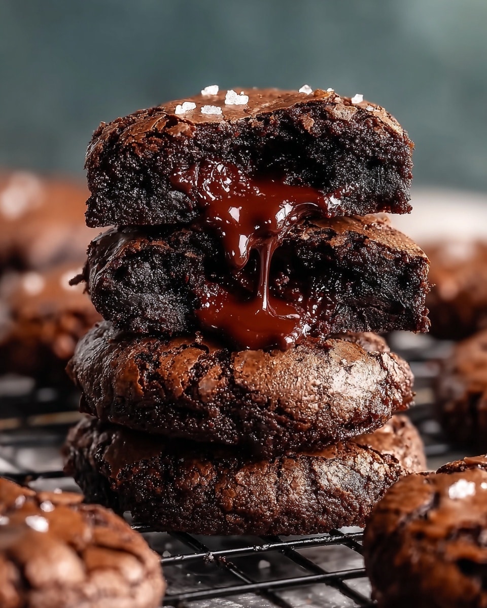 This image shows a stack of three thick, round brownies with a cracked, shiny brown crust. The top two brownies are broken in half, revealing a rich, molten dark chocolate center that is gooey and slowly dripping down the sides. The texture of the brownies looks dense and fudgy with a deep dark brown color. A few light sprinkles of coarse salt are scattered on the top brownie, adding a slight contrast. The brownies rest on a black wire rack that sits on a white marbled surface, with more brownies blurred softly in the background. Photo taken with an iphone --ar 4:5 --v 7