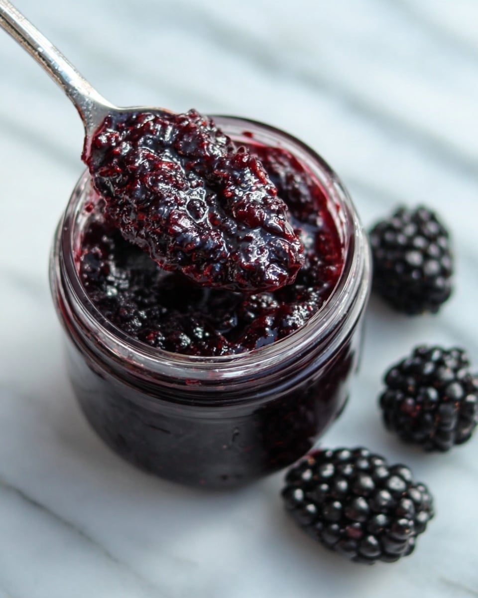 A close-up view of a clear glass jar filled with thick, dark purple blackberry jam showing a slightly shiny, chunky texture on top, with a metal spoon lifting a generous scoop of the jam from the jar. To the right of the jar, there are four fresh blackberries scattered on a white marbled surface. The jam has visible small fruit pieces, giving it a rich and textured look, while the spoon reflects light subtly. The photo is sharp and focused on the jar and spoon, with the berries softly blurred in the background. photo taken with an iphone --ar 4:5 --v 7
