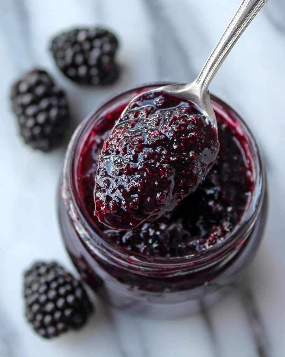 A close-up view of a glass jar filled with dark purple blackberry jam, showing a shiny, slightly chunky texture with visible small bits of fruit. Over the jar, a silver spoon holds a scoop of the thick jam, with a glossy, sticky appearance. In the background on a white marbled surface, there are three whole blackberries, their textured surfaces slightly blurred. photo taken with an iphone --ar 4:5 --v 7