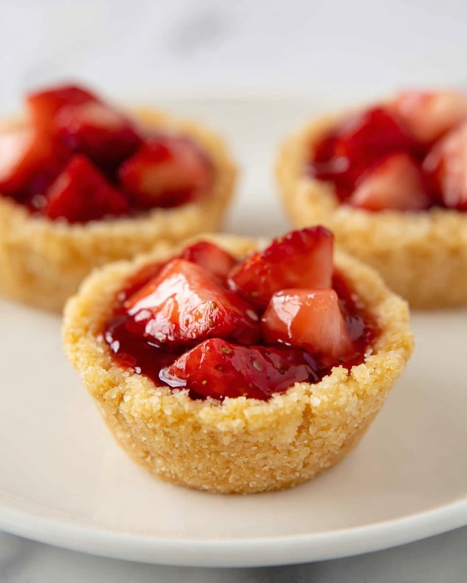 Three small tartlets sit on a white plate over a white marbled surface. Each tartlet has a crumbly, light yellow crust forming a small cup shape. Inside, the tartlets are filled with a glossy red strawberry filling that includes chunks of fresh strawberries mixed with a shiny glaze. The texture of the crust looks crumbly and rough, while the strawberry topping is smooth and vibrant. The composition shows two tartlets slightly blurred in the background and one in clear focus in the front. Photo taken with an iphone --ar 4:5 --v 7