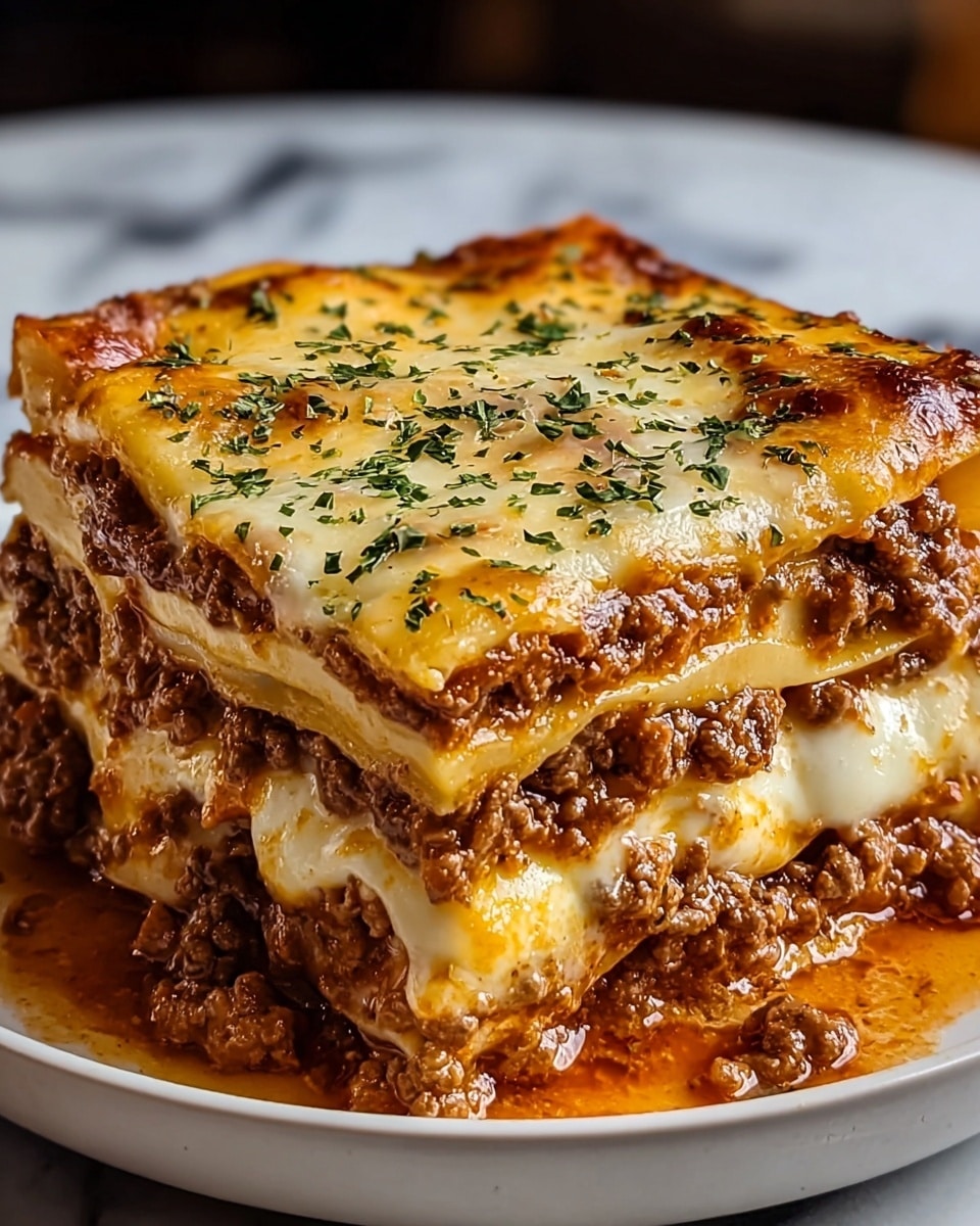 A close-up of a three-layer lasagna slice on a white plate, showing a top layer of golden bubbly cheese sprinkled with small green herb pieces, the middle layers consist of brown ground beef mixed with melted creamy white cheese and tomato sauce, the bottom is a thick base of rich tomato sauce, all stacked evenly with visible textures of meat and cheese stretching slightly at the edges, set on a white marbled surface, photo taken with an iphone --ar 4:5 --v 7