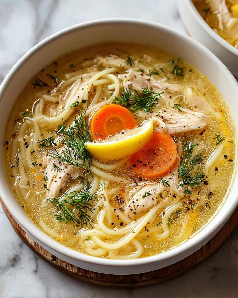A white bowl filled with chicken noodle soup sits on a wooden coaster against a white marbled background. The soup has clear golden broth with small white noodles filling most of the bowl. Two bright orange carrot slices rest near the center, topped with a small yellow lemon wedge and a sprig of fresh green dill. Shredded light brown chicken pieces are scattered around, and the soup is sprinkled with black pepper and small bits of fresh herbs. Photo taken with an iphone --ar 4:5 --v 7