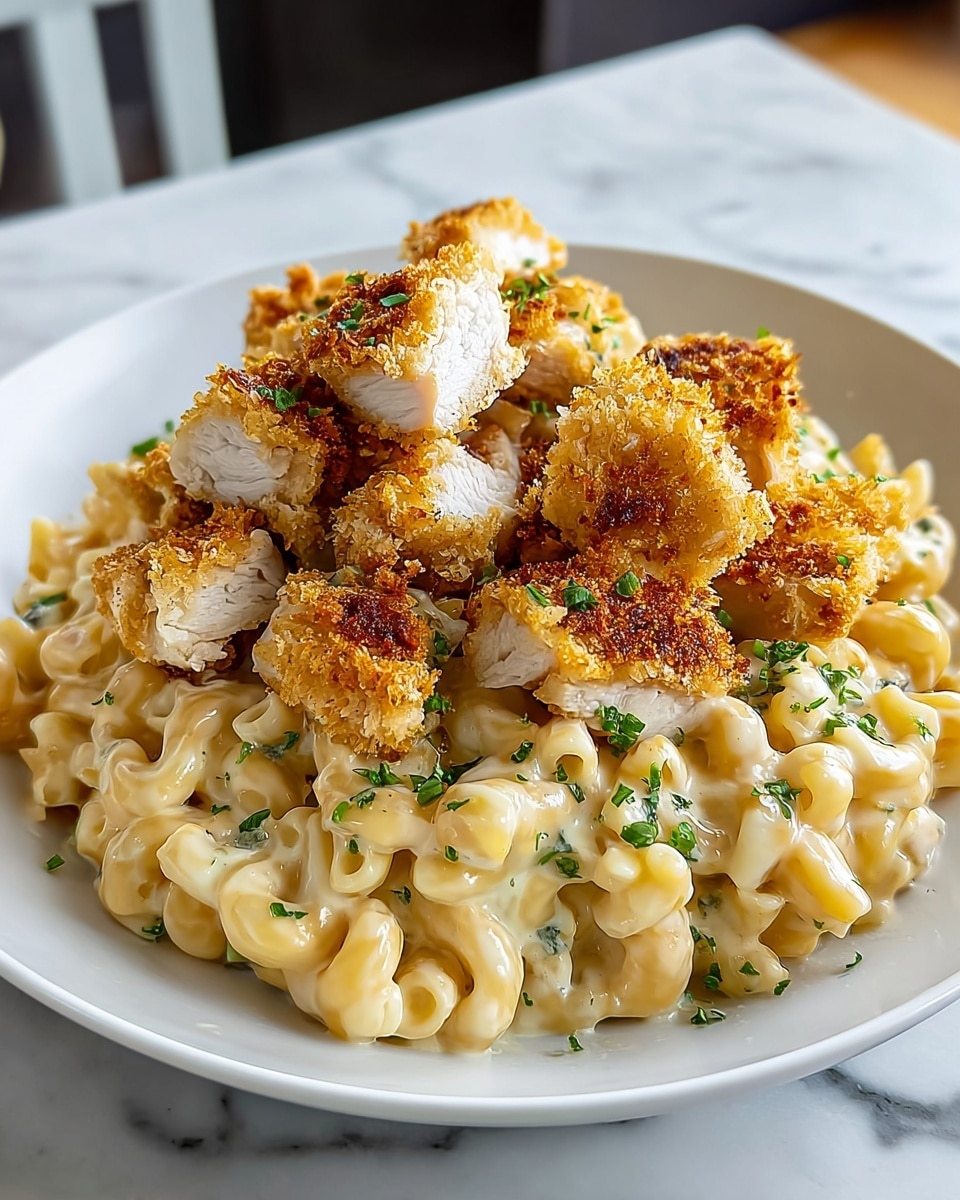 The dish features a single layer of creamy, pale yellow macaroni pasta mixed with finely chopped green herbs scattered throughout. On top, there is a generous layer of golden-brown, crispy breaded chicken pieces, cut into small chunks showing white, juicy meat inside. The plate is white and placed on a white marbled surface, giving a clean and fresh look. Photo taken with an iphone --ar 4:5 --v 7