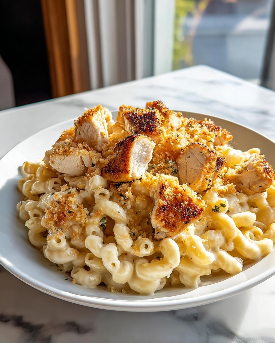 A white plate sits on a white marbled surface with a generous serving of creamy macaroni and cheese as the base layer, its cheese sauce smooth and light yellow, coating every piece of curved macaroni. On top of the pasta, chunks of golden-brown grilled chicken with a slightly crispy, seasoned crust are scattered evenly, adding texture and color contrast against the creamy pasta. The dish is finished with a sprinkling of toasted breadcrumbs, giving a rough, crunchy texture and a warm golden-brown color across the top layer. In the background, soft natural light comes through a window, softly illuminating the meal. Photo taken with an iphone --ar 4:5 --v 7