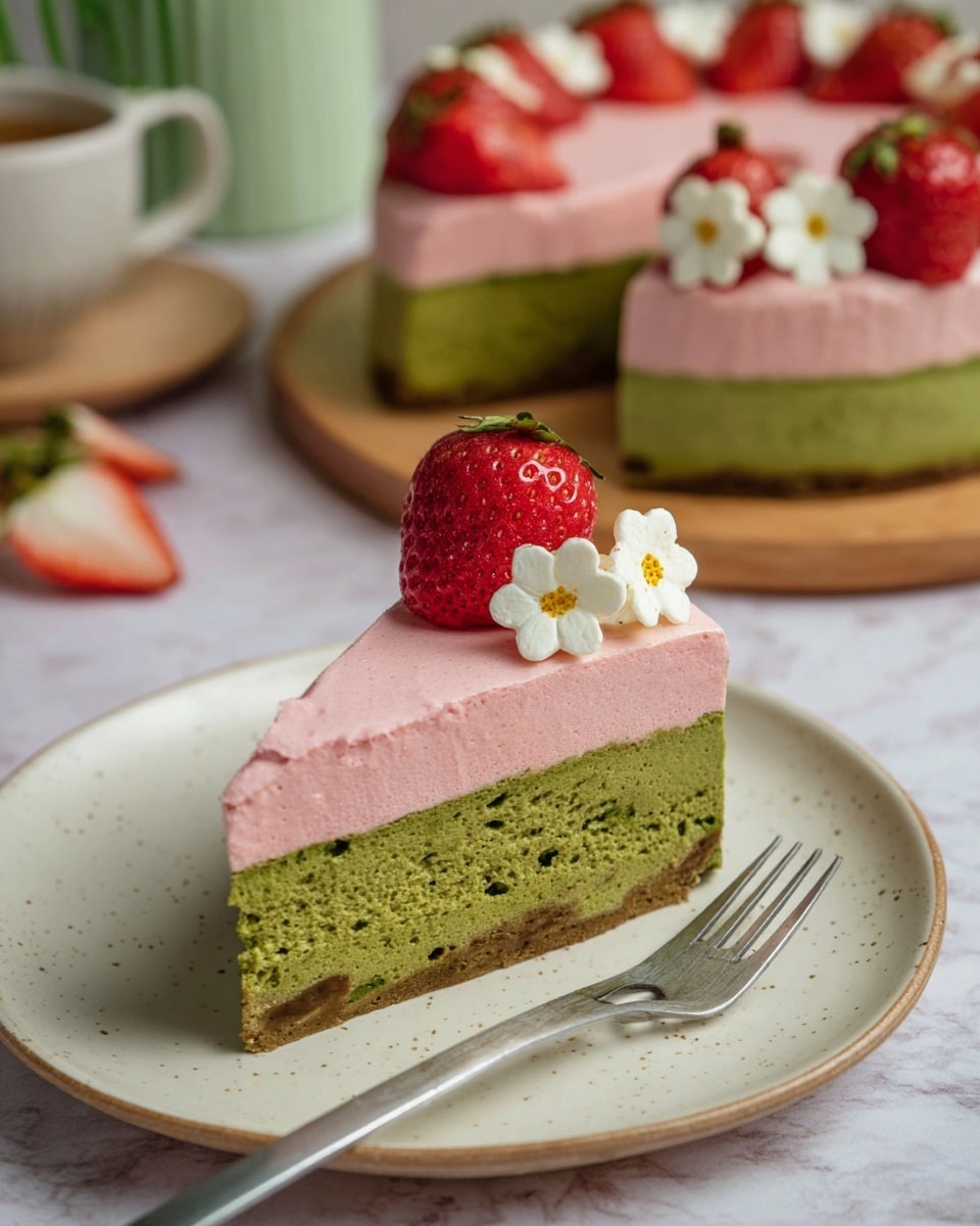 A slice of two-layered cake sits on a white plate with soft speckles. The bottom layer is thick, dense, and green with a slightly rough texture and some browned spots around the edges. On top is a smooth, even pink layer slightly thicker than a quarter of the cake's height. The slice is topped with a halved shiny red strawberry and a small white flower decoration with a yellow center, placed near the strawberry. Behind the slice, the full cake shows the same two layers and is also decorated with more halved strawberries and white flower decorations. The setting features a white marbled surface and a silver fork placed next to the slice, with the background softly blurred. photo taken with an iphone --ar 4:5 --v 7