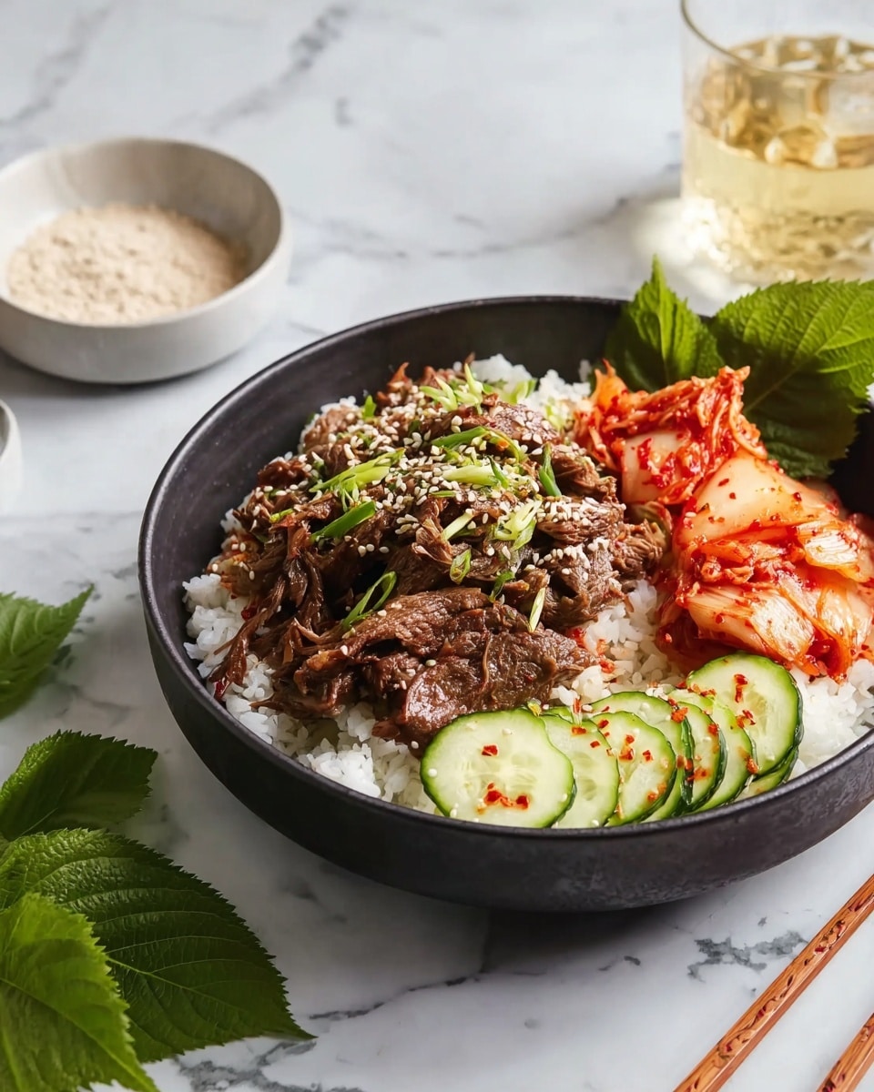 A black bowl filled with white steamed rice forms the base layer, topped with a generous portion of shredded brown beef sprinkled with white sesame seeds and sliced green onions on one side. On the other side, there are bright red kimchi pieces adding a pop of color, next to thin, round, pale green cucumber slices lightly sprinkled with red pepper flakes. The bowl is placed on a matching black plate, all set on a white marbled surface. In the background, a small white bowl with a beige powder and a glass of light yellow liquid are visible, alongside wooden chopsticks. Fresh green leaves are scattered nearby for decoration. Photo taken with an iphone --ar 4:5 --v 7