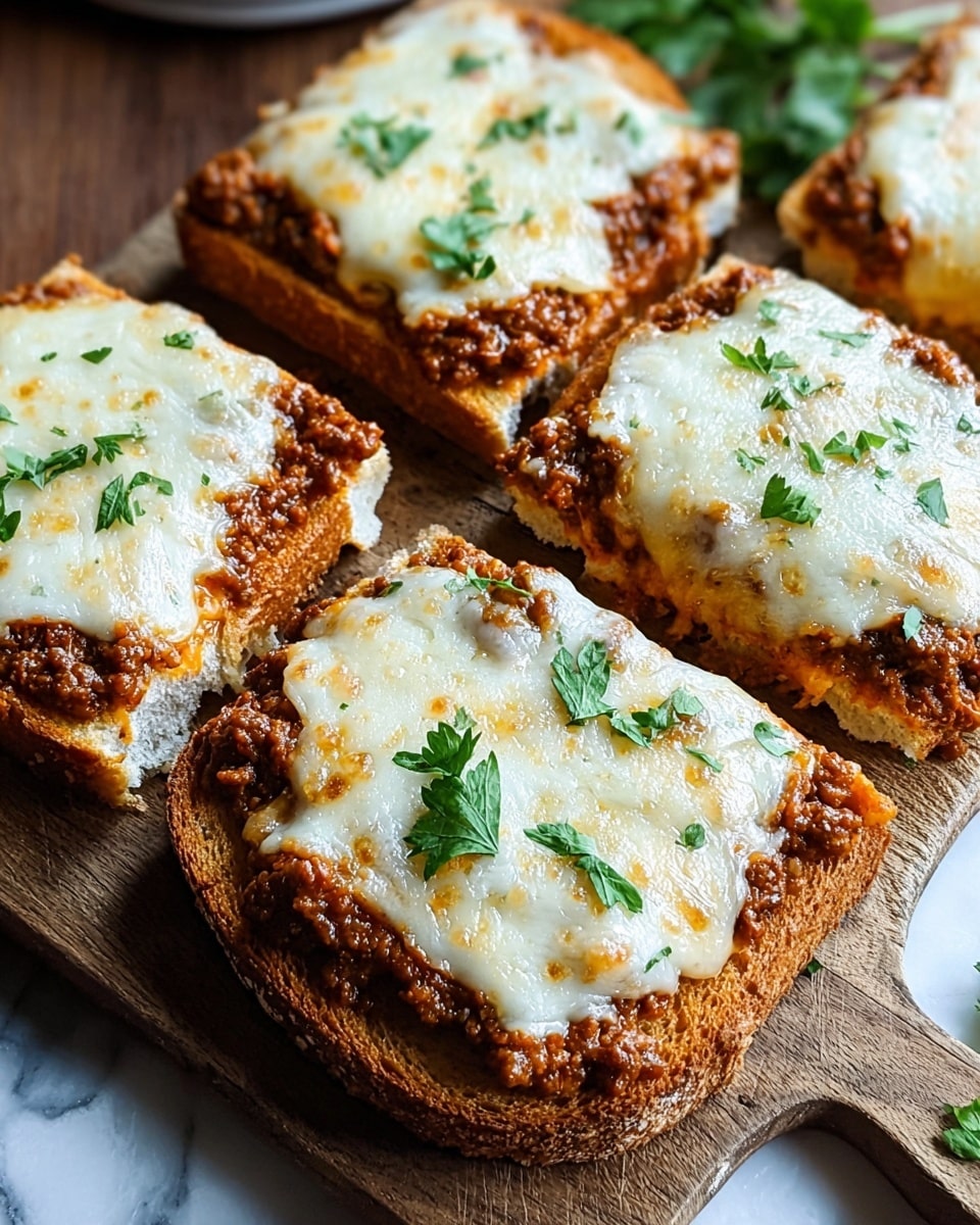 The image shows six slices of toasted bread arranged closely on a wooden board with a white marbled surface beneath. Each slice has a thick layer of cooked ground meat sauce, dark brown and finely textured, spread evenly just under the melted cheese. On top of the meat sauce is a smooth, creamy layer of melted white and slightly golden cheese that covers the edges slightly and looks bubbly and rich. Small pieces of fresh green parsley are sprinkled on the cheese, adding a fresh, bright contrast. The front slice has a bite taken out from the corner, showing the soft texture of the bread inside. Photo taken with an iphone --ar 4:5 --v 7