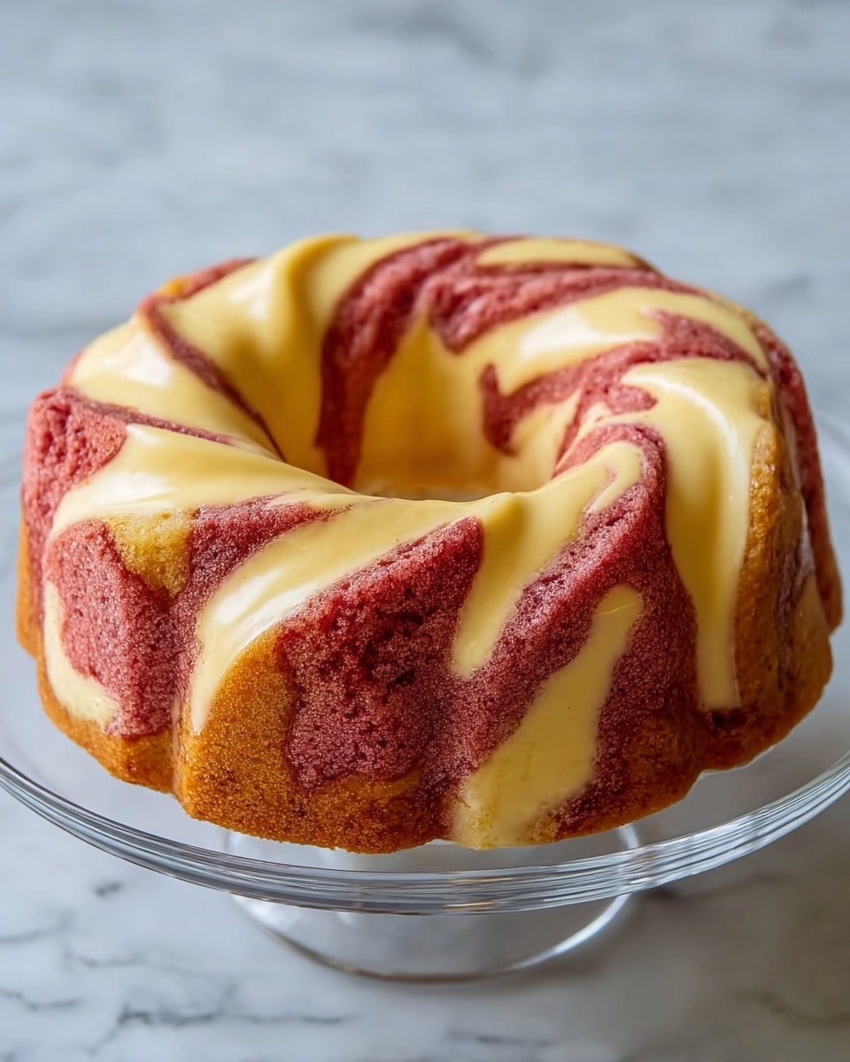 A round bundt cake with one large ring shape is shown on a clear glass stand over a white marbled surface. The cake has two main colors and textures: a soft, smooth creamy yellow layer that swirls around the top and sides in thick streaks, and a pinkish-red cake layer with small baked patches that look slightly crumbly and porous. The creamy yellow swirls create a pattern over the pink base, forming a mix of colors that is both smooth and textured. Photo taken with an iphone --ar 4:5 --v 7