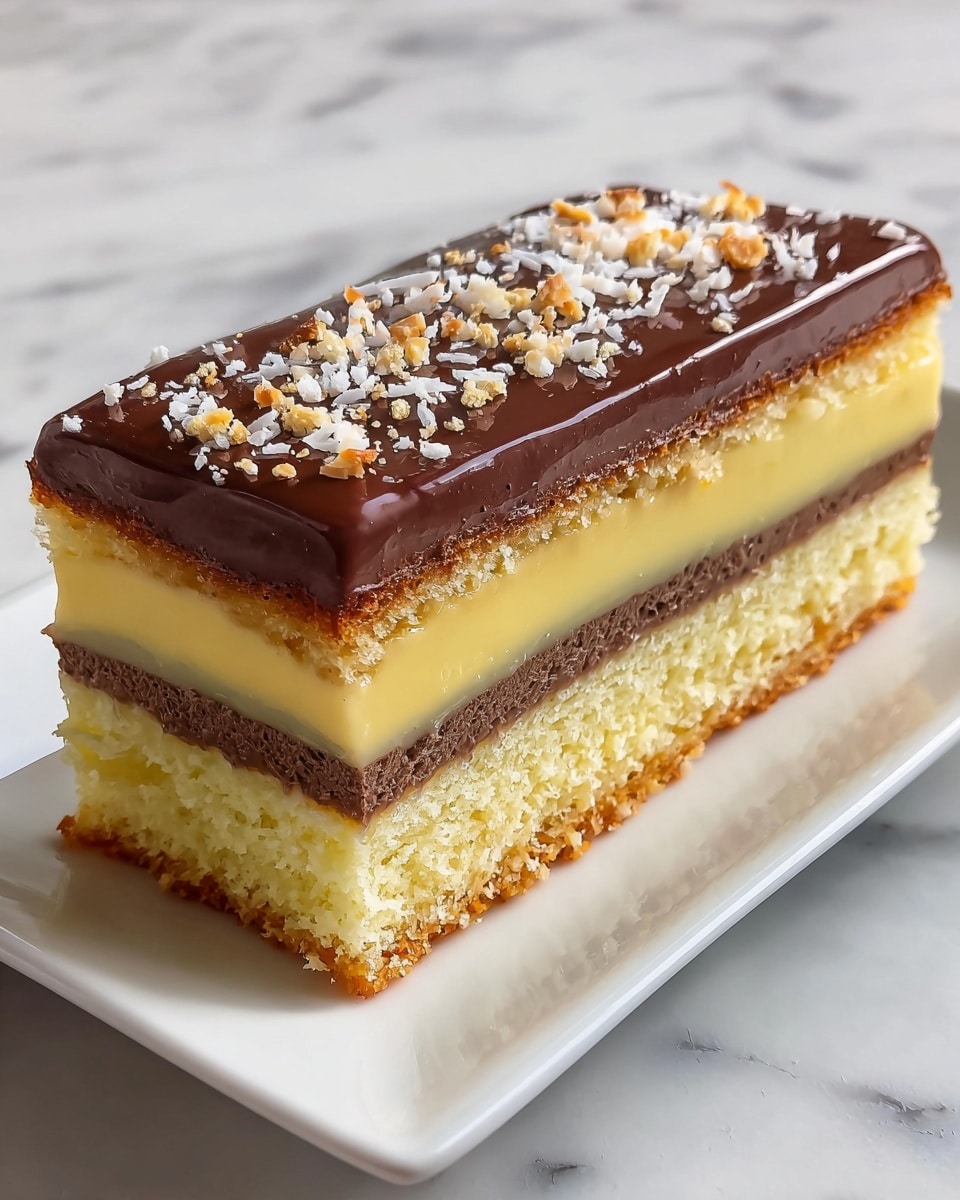 A rectangular slice of layered cake sits on a white rectangular plate, placed on a white marbled surface. The cake has four visible layers: a light, soft yellow sponge cake base, followed by a thick, smooth pale yellow custard layer, then another layer of light sponge cake, topped with a glossy dark brown chocolate layer. The chocolate layer is sprinkled with small bits of toasted nuts and white coconut flakes, adding texture and contrast to the smooth top. The edges of the cake are clean and straight, showing the distinct layers clearly. photo taken with an iphone --ar 4:5 --v 7