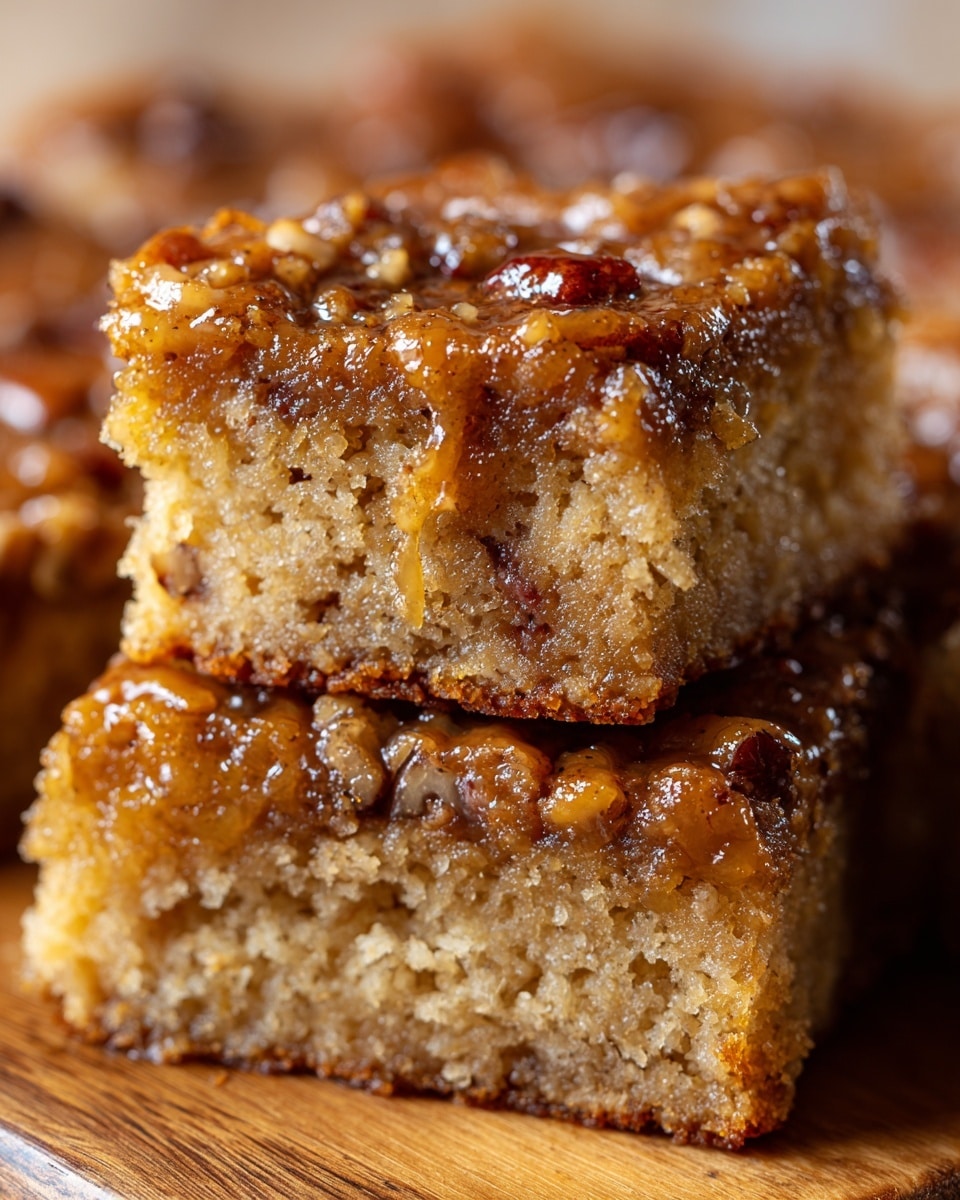 A close-up image shows two stacked pecan bars with a thick base layer of moist, light brown cake that has a spongy texture filled with small air pockets. On top of this base is a glossy, golden-brown topping mixed with large pieces of pecan nuts giving it a crunchy texture. The top layer glistens with a sticky, gooey syrup that coats the nuts, making them look rich and shiny. The bars are resting on a wooden board with more bars blurred in the background, all showing the same layered texture and color. photo taken with an iphone --ar 4:5 --v 7