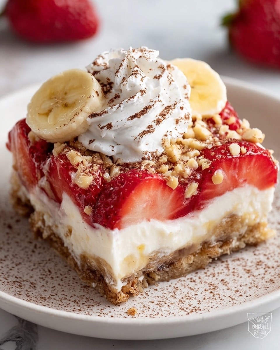 A square slice of layered dessert on a white plate with a white marbled surface beneath. The bottom layer is a crumbly, light brown crust with visible pieces of banana embedded in it. Above that is a thick, creamy white layer that looks soft and smooth. On top of the cream layer, bright red halved strawberries are neatly lined up around the sides, with bits of crushed nuts sprinkled over the whole piece. The dessert is topped with a dollop of white whipped cream, dusted lightly with cocoa powder, and garnished with two slices of banana placed on the whipped cream. Photo taken with an iphone --ar 4:5 --v 7