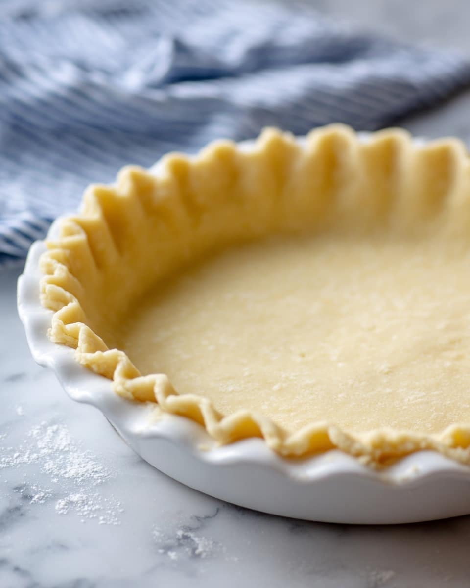 A close-up image of a pie crust placed inside a white pie plate, showing one layer of pale yellow dough with a smooth texture. The dough is evenly pressed against the plate’s inner surface and has a wavy, crimped edge all around the rim. The plate rests on a white marbled surface with a blue and white striped cloth visible in the background. The photo has soft, natural lighting highlighting the evenness of the dough and the curves of the crust edge. photo taken with an iphone --ar 4:5 --v 7