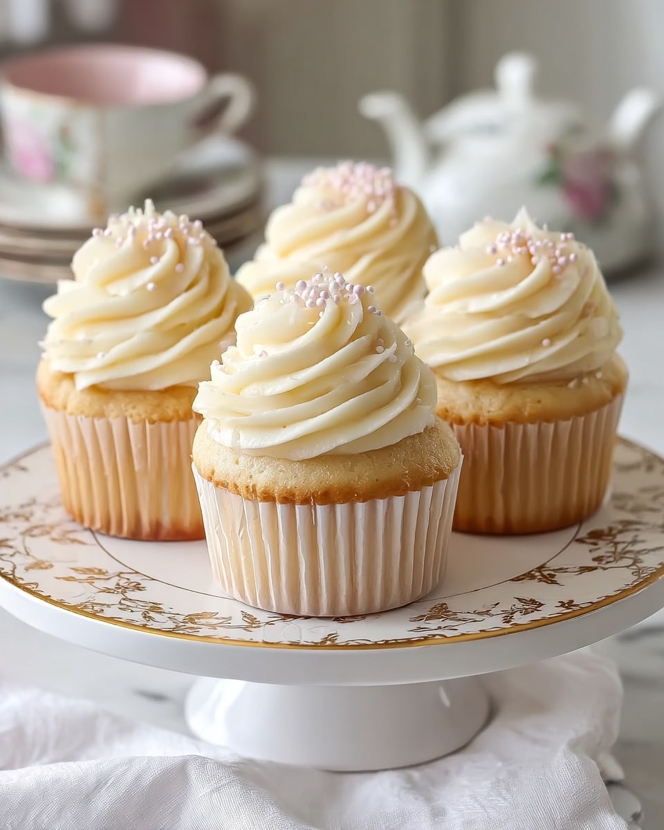 Four vanilla cupcakes sit on a white cake stand with gold floral edges, each cupcake wrapped in white paper liners showing a light golden brown bottom layer and a pale yellow top sponge layer. Swirled thick creamy white frosting with a smooth texture covers the top of each cupcake in a tall spiral shape, and small pale pink round sprinkles are scattered on the frosting peaks. The cake stand rests on a soft white cloth over a white marbled surface, with a blurred teapot and teacups in the background. photo taken with an iphone --ar 4:5 --v 7