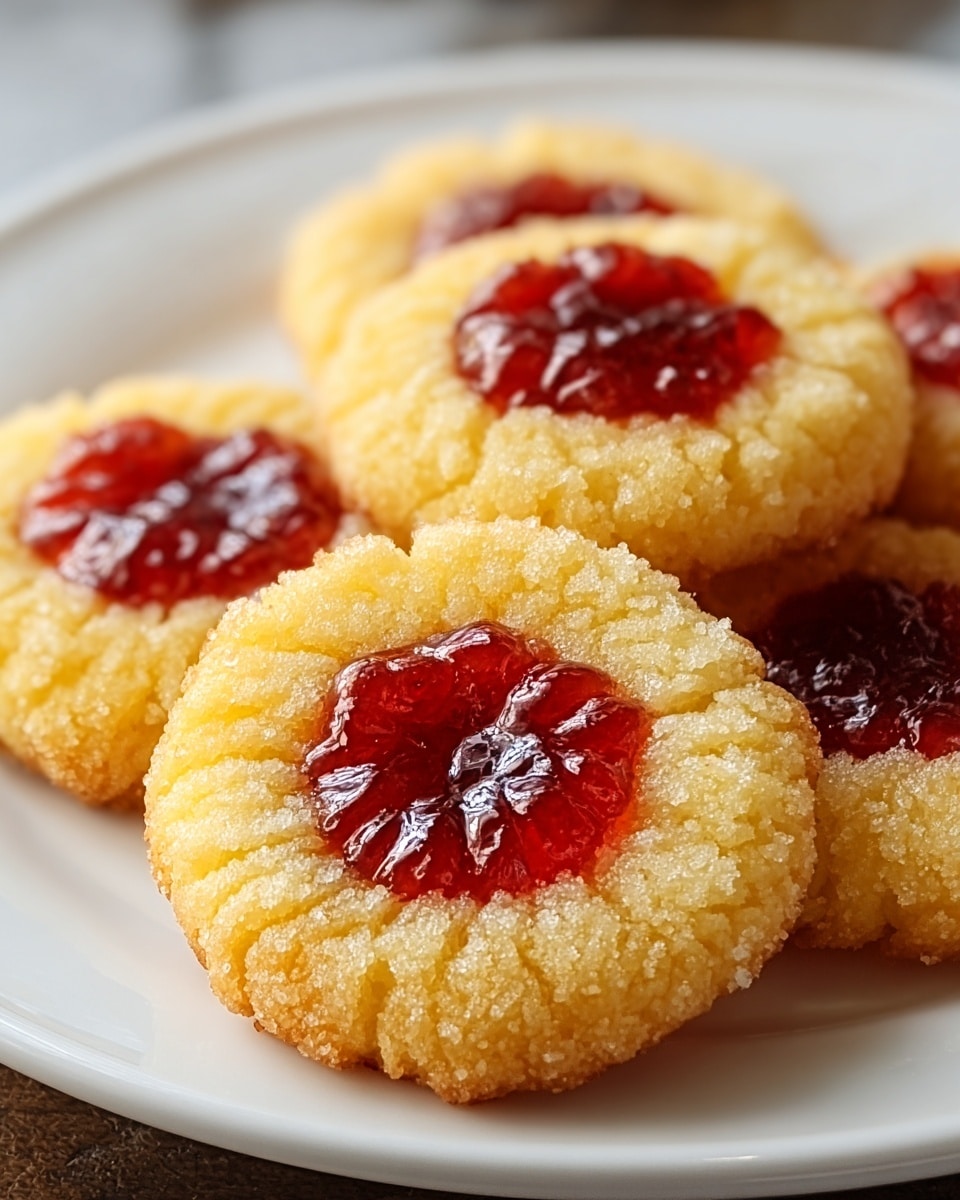 The image shows a close-up of round, golden yellow cookies with a shiny, moist texture, each topped with a red cherry jam center creating a flower-like shape. There are about five cookies slightly overlapping on a smooth white plate, which has a subtle edge detail. The cookies look soft and slightly crumbly on the edges. The background is a white marbled texture, and soft natural light highlights the glossy jam and crumbly texture of the cookies. photo taken with an iphone --ar 4:5 --v 7