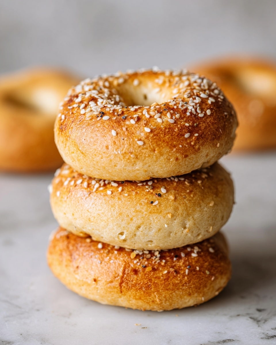 A stack of three golden brown bagels with a slightly crispy texture, the top and bottom bagels are sprinkled with white sesame seeds and small bits of seasoning, while the middle bagel is plain. The bagels have a rounded, smooth surface with a few small air bubbles visible, showing a light crunch. They are placed on a white marbled surface with another bagel blurred in the background, suggesting a soft depth of field. photo taken with an iphone --ar 4:5 --v 7