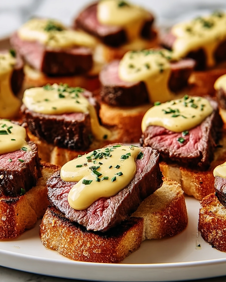 Small round slices of toasted golden-brown bread form the base layer, each topped with a thick, juicy piece of medium-cooked steak showing a pink center and a seared dark outer edge. On top of each steak, there is a smooth light yellow sauce drizzled generously, with small green herb pieces scattered on the sauce and bread. All the pieces are arranged closely together on a white plate sitting on a white marbled surface. photo taken with an iphone --ar 4:5 --v 7