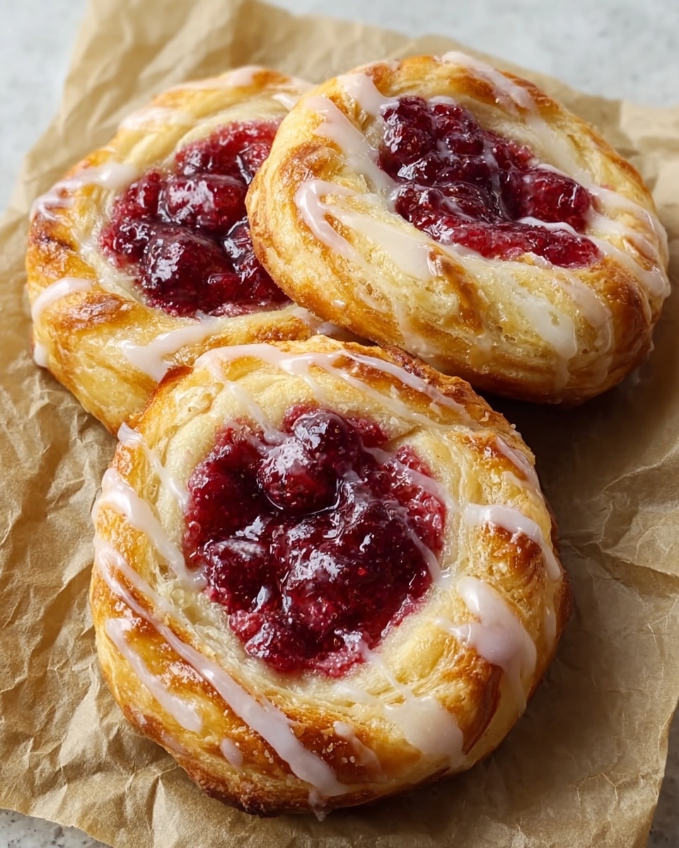 Three round Danish pastries sit close together on crumpled parchment paper over a white marbled texture. Each pastry has a golden brown, flaky puff pastry base with about two to three visible layers that look soft and airy. In the center of each pastry is a thick dollop of deep red raspberry jam with a shiny, slightly sticky surface, packed with whole berries. Thin white icing is drizzled over the jam and edges of the pastries in uneven lines, adding a glossy contrast to the warm pastry color. The light reflects softly off the glaze and the textures show crispness mixed with softness. Photo taken with an iphone --ar 4:5 --v 7