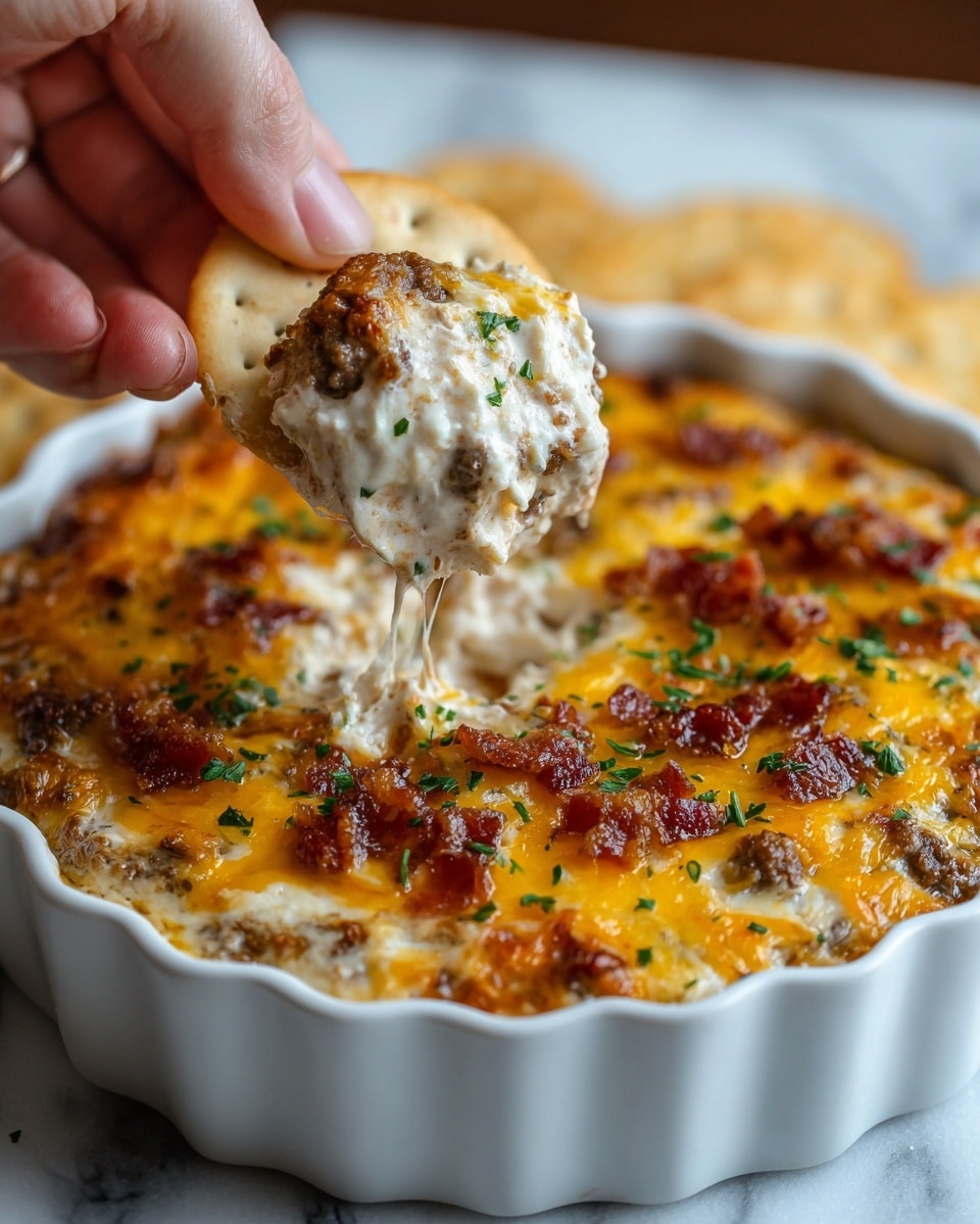 The image shows a white scalloped dish filled with a three-layer cheesy dip. The bottom layer is creamy, white with visible bits of browned ground meat. The middle layer is melted cheese with patches of golden brown from baking. The top layer has melted, bubbly sharp cheddar cheese scattered with spots of crispy cooked bacon and finely chopped green herbs. A woman's hand is lifting a round, beige cracker covered in a thick scoop of the dip showing gooey, stretchy melted cheese and bits of meat. The background is a white marbled texture. Photo taken with an iphone --ar 4:5 --v 7