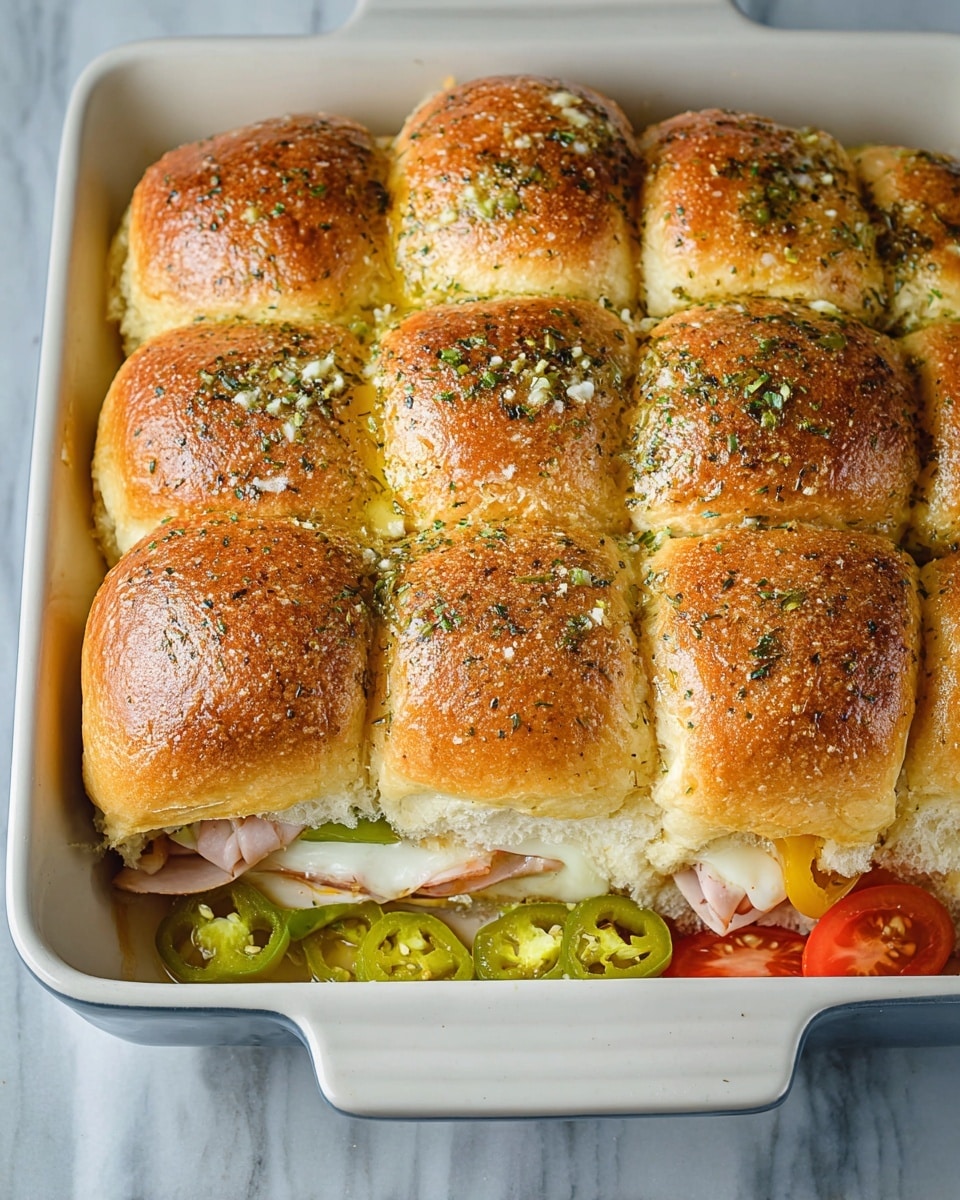 A white rectangular dish holds a batch of golden brown slider buns arranged in a 3 by 4 grid. Each bun top is shiny and lightly sprinkled with green herbs and minced garlic, showing a soft, pillowy texture. Inside the buns, visible layers include white melted cheese and slices of light pink deli meat, with some green banana pepper rings peeking out. Around the edges of the dish, there are scattered slices of red tomato and green jalapeño peppers. The dish is set on a white marbled surface. photo taken with an iphone --ar 4:5 --v 7